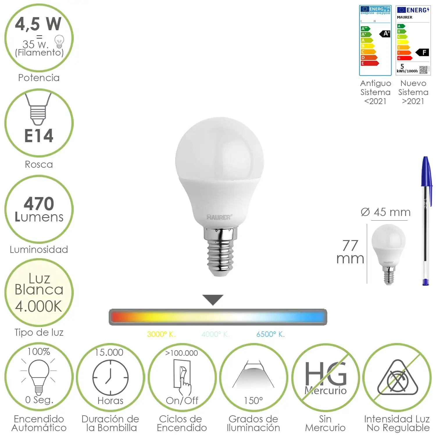 SANCO STORE - MAURER Bombilla Led Esferica Rosca E14 4.5 Watt. Equivale A 35 Watt. 470 Lumenes. Luz Neutra (4000º K)
