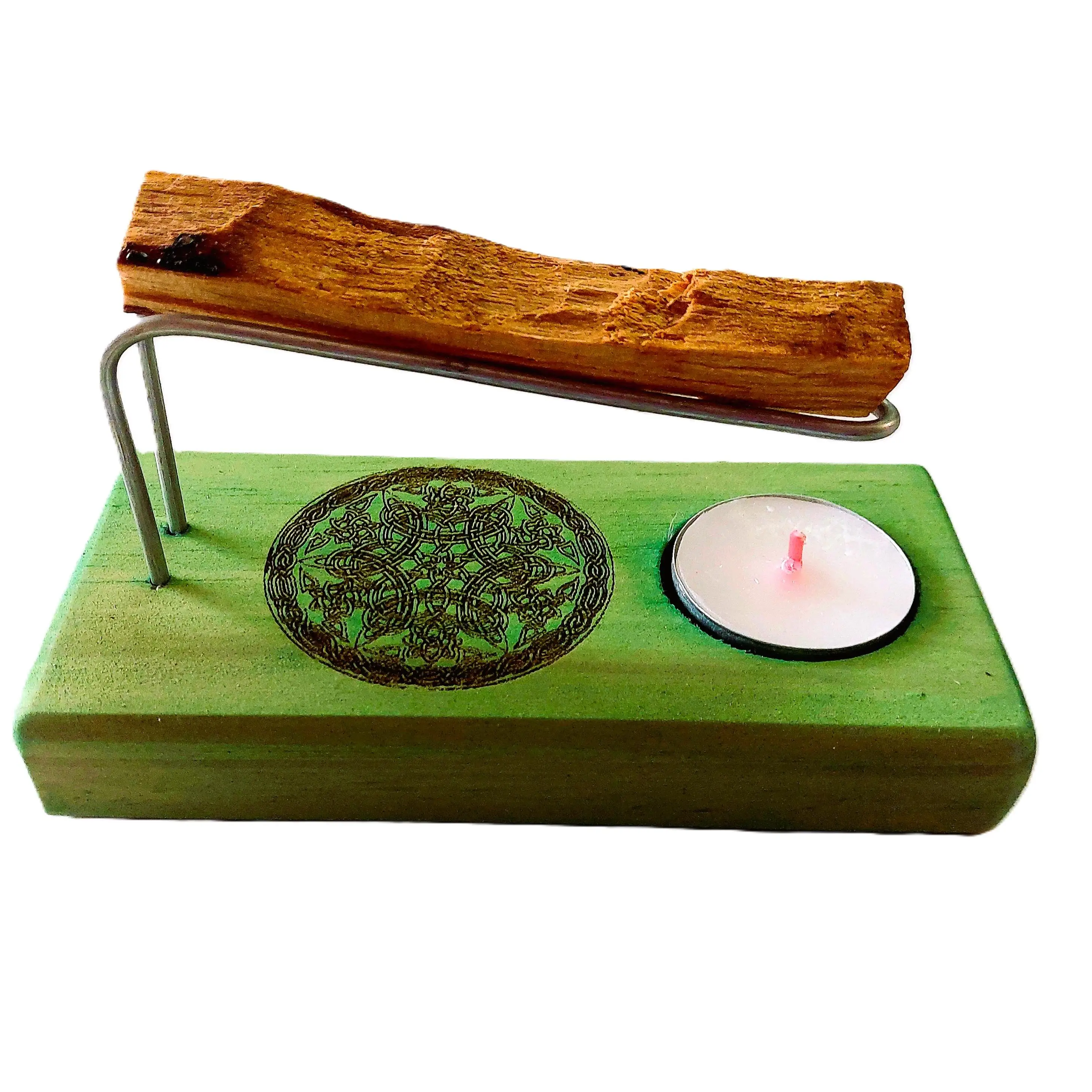 Quemador de Palo Santo Artesanal con Diseño Mandala en Madera Natural, Incluye Vela de Té y Palo Santo - Marca YA-DECOREGALOS