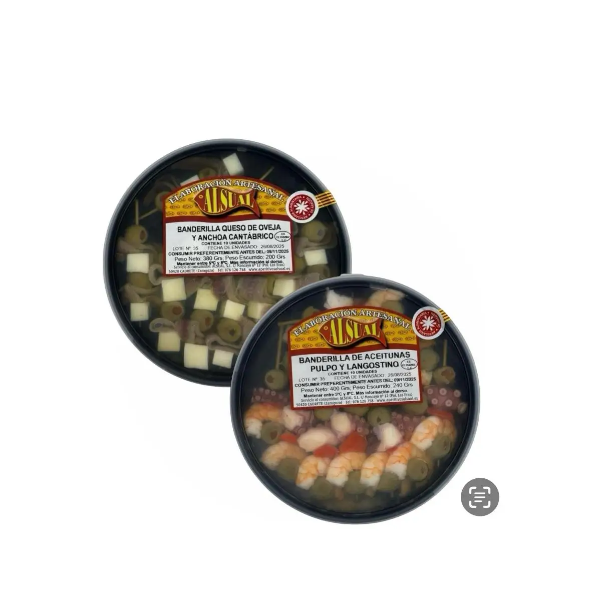 2Uds. Gildas Artesanas Alsual. Pulpo y Langostino / Queso con Anchoa del Cantábrico