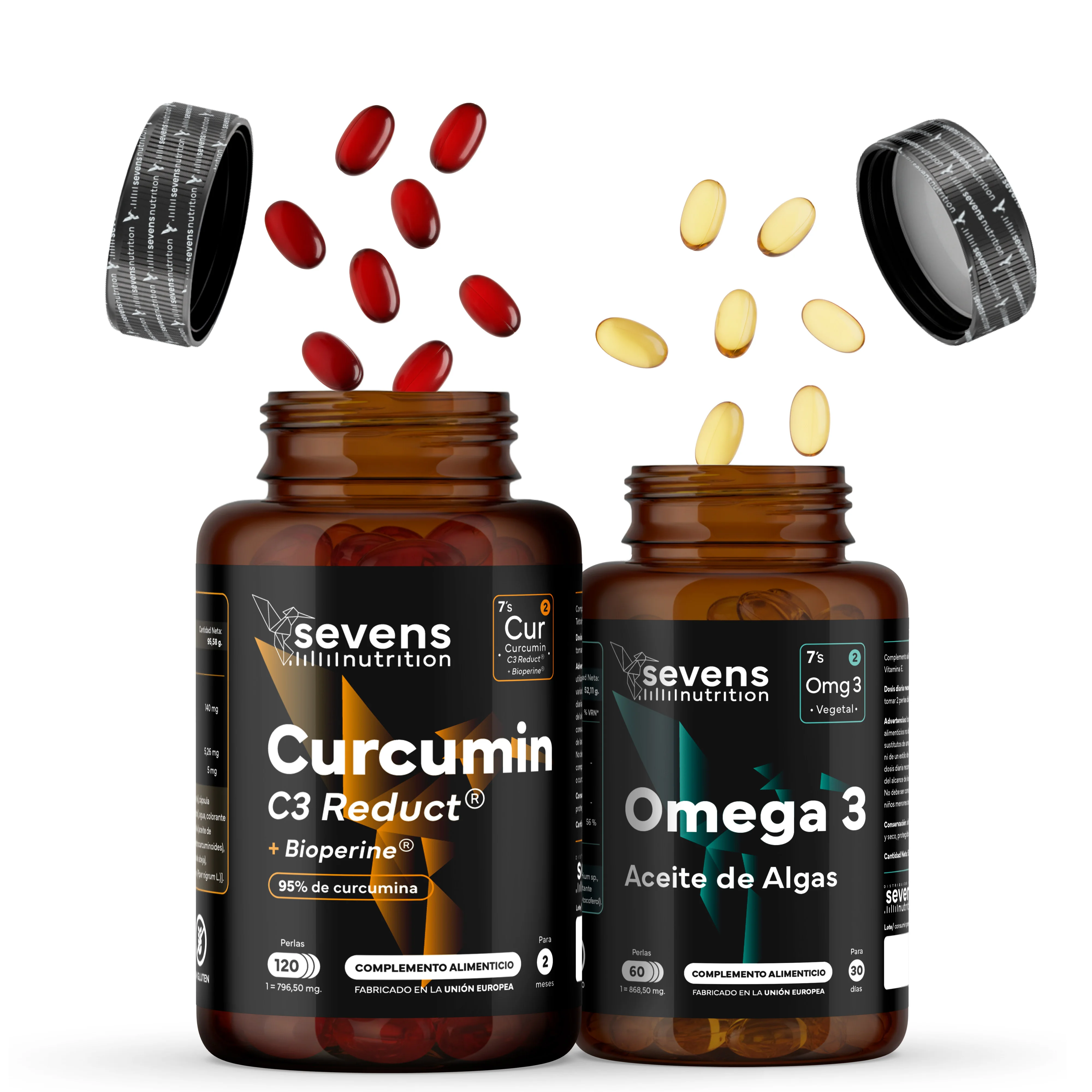 Pack Cúrcuma Curcumin C3 Reduct® 120 Cápsulas Blandas + Omega 3 Vegano DHA 1000 mg 60 Cápsulas – Sevens Nutrition