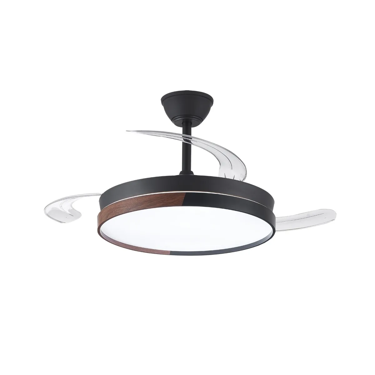 Ventilador de techo con luz led 45W modelo AMAPOLA con aspas retráctiles negro/madera. Motor DC silencioso, Sistema CCT. Control remoto con 