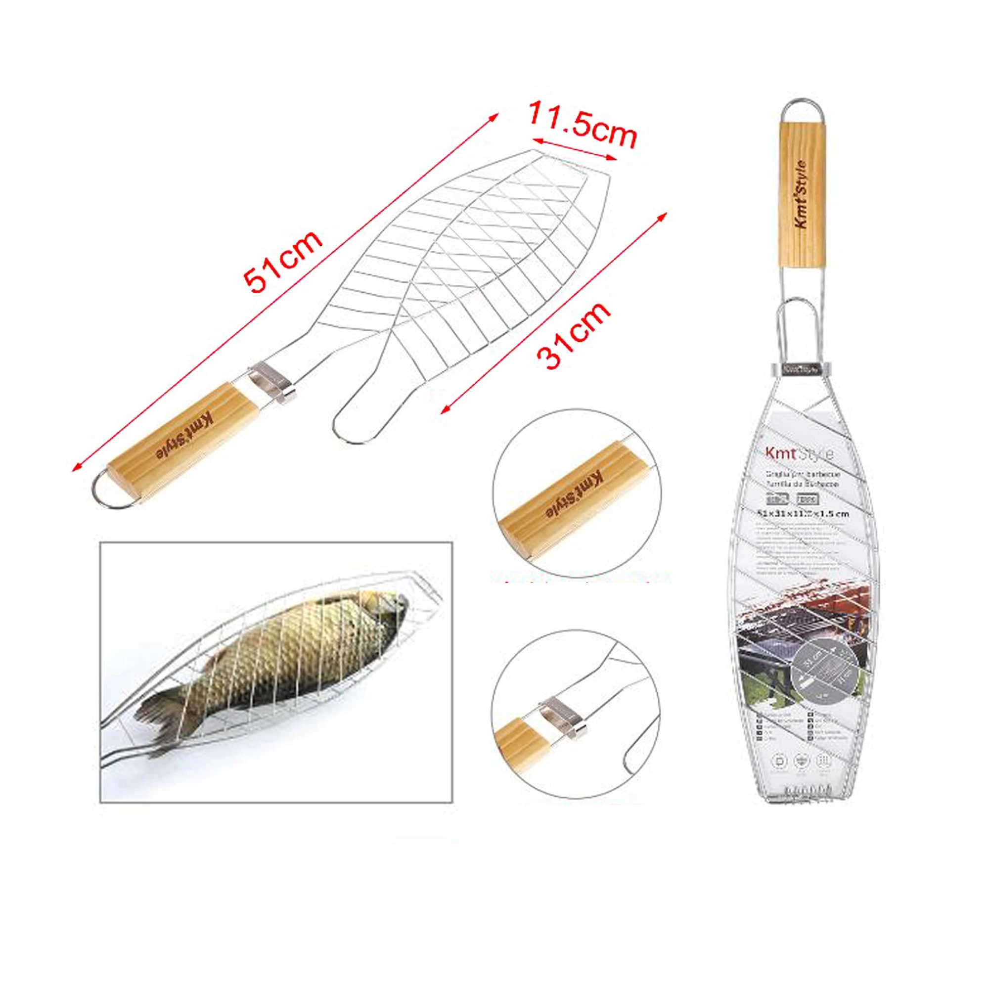 UD - Set 2 Rejilla para Barbacoa de Acero Inoxidable con Mango de Madera , forma de pescado – Parrilla Antiadherente para Pescado, Carne o Verduras – Kmt Style