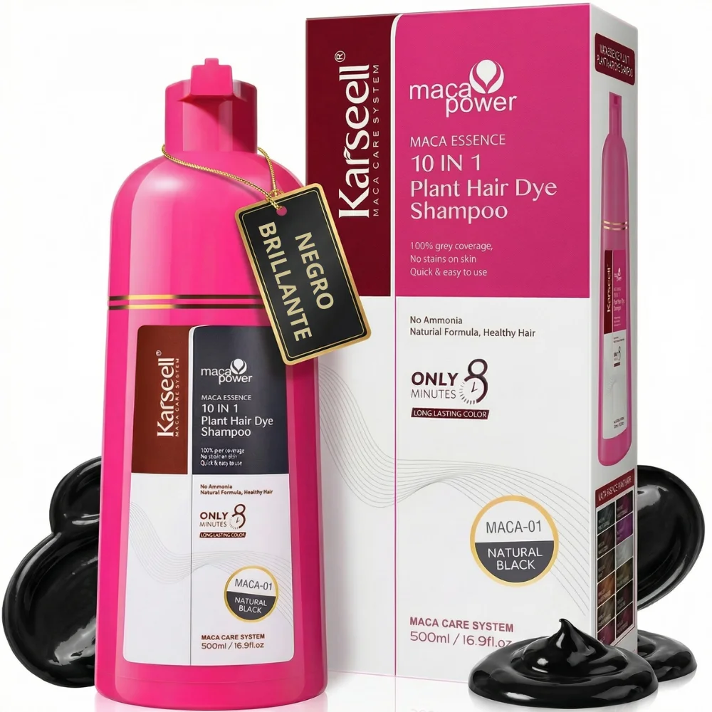 KARSEELL Champú Tinte Cabello 10 en 1 Cubre Canas Tinte Instantáneo Champú Pelo Color Cabello Sin Parabenos Sin Siliconas Sin Amoniaco Hombres y Mujeres 500ml. - Negro Natural
