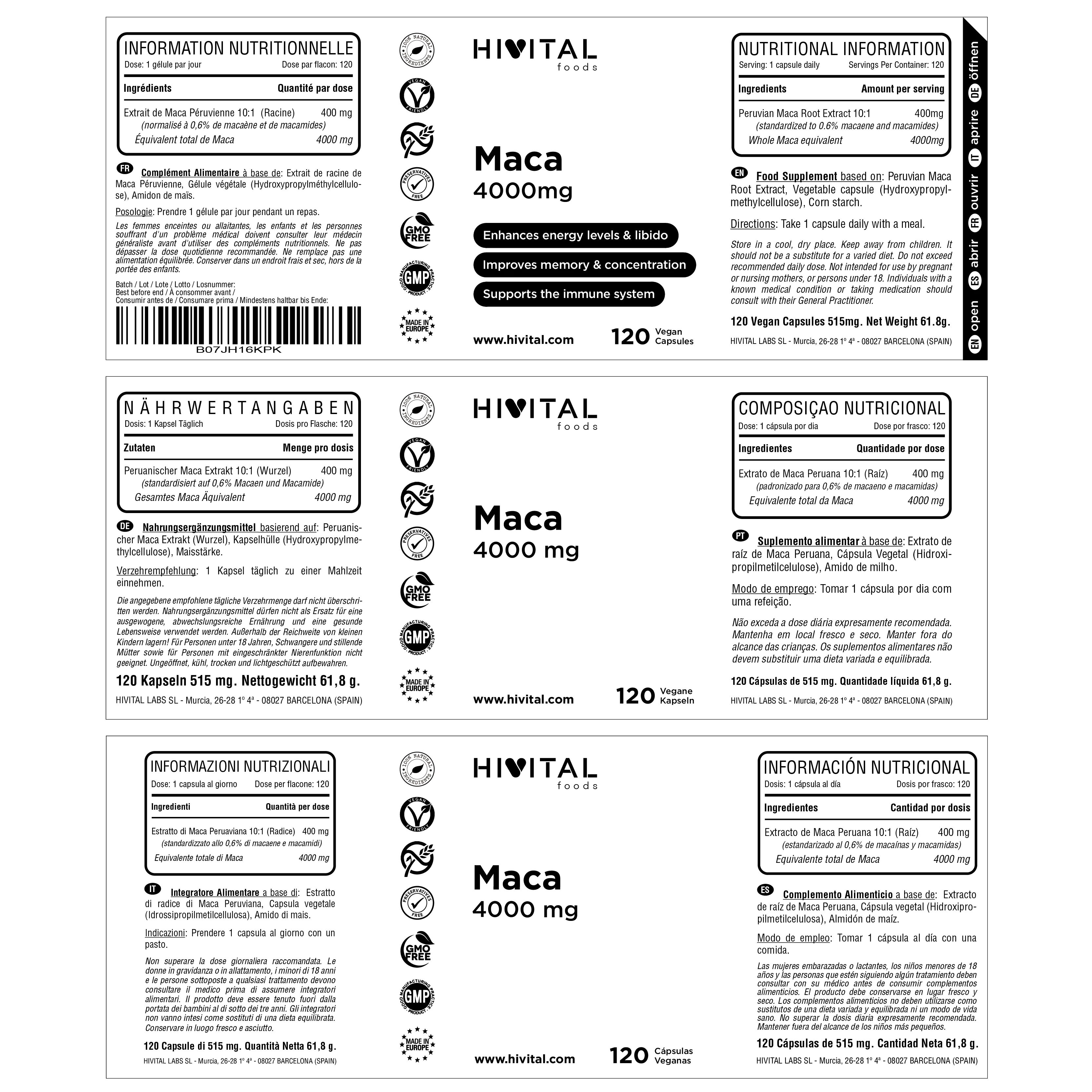 Peruvian Maca Concentrated Extract 4000 mg 120 vegetable capsules