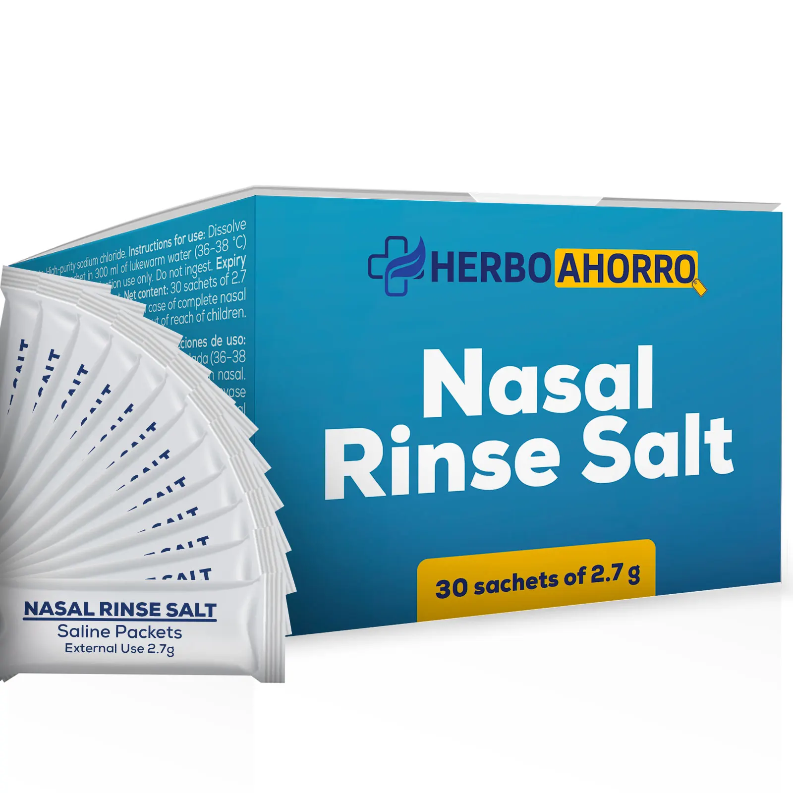 Sal para Lavado Nasal - Cloruro de Sodio Refinado para Irrigación Nasal - Limpieza Suave y Eficaz de Vías Respiratorias - Disolución Fácil - 30 Sobres Individuales de 2,7 g. - HerboAhorro