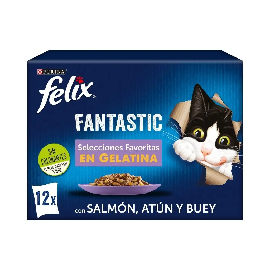 FELIX Fantastic Selecciones Favoritas en Gelatina - Alimento Húmedo Completo para Gatos Adultos (Buey, Salmón, Pollo y Atún)