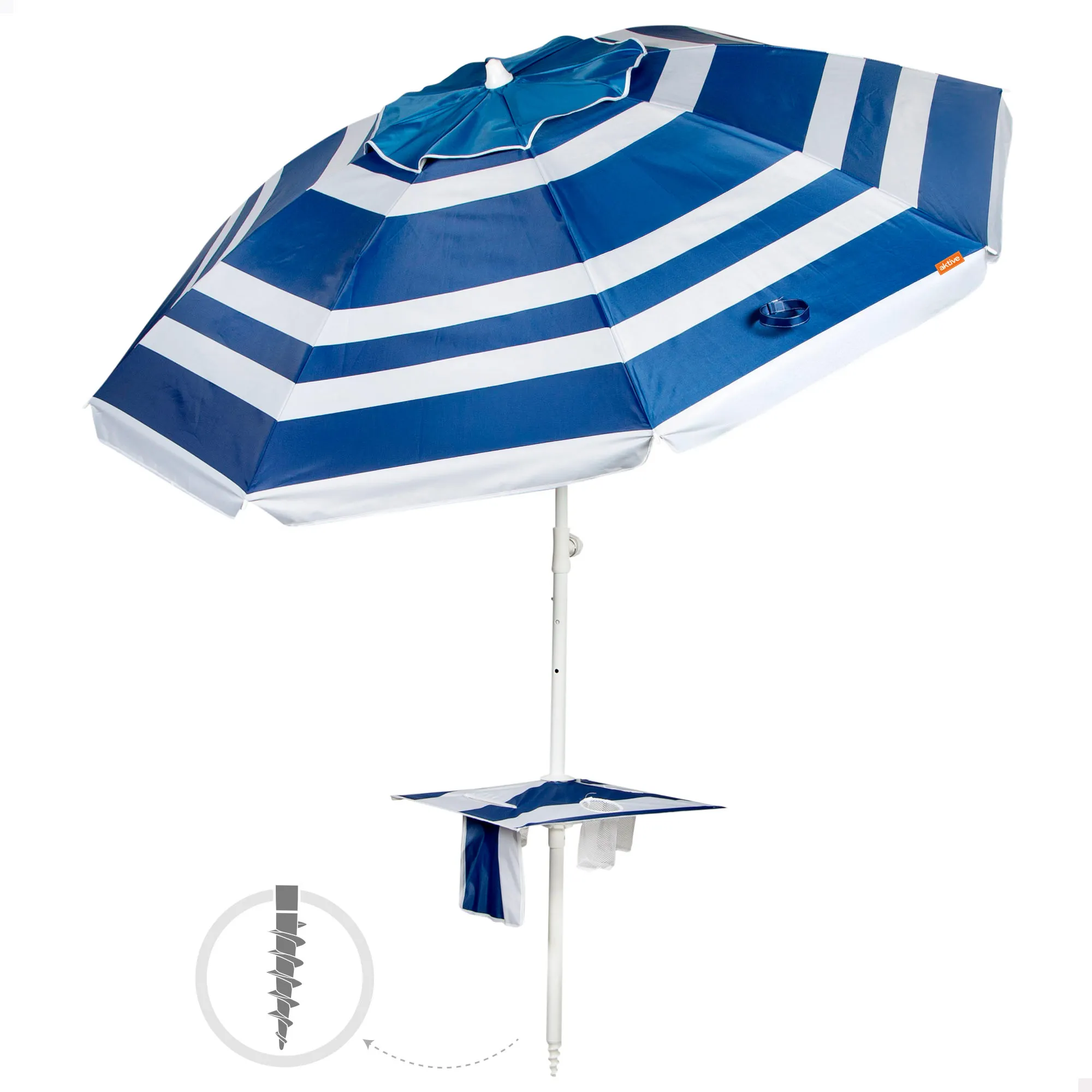Aktive - Sombrilla de playa marinera, 210 cm, mesa central con posavasos y bolsillo, protección UV50, mástil acero inclinable y regulable en altura, tejido poliéster Oxford, 8 varillas fibra de