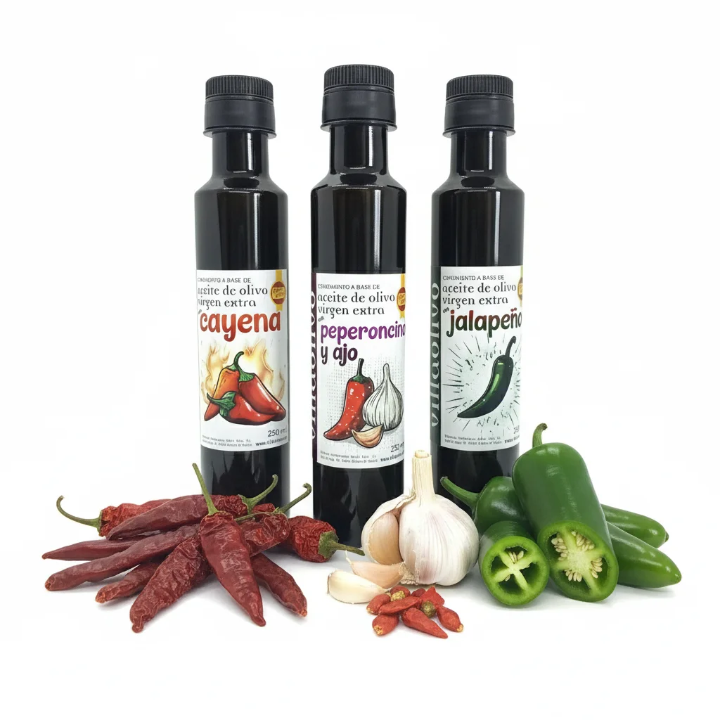 Villaolivo – Pack Picante 3x250ml | Aceites de Oliva Virgen Extra Aromatizados con Ajo, Jalapeño y Cayena