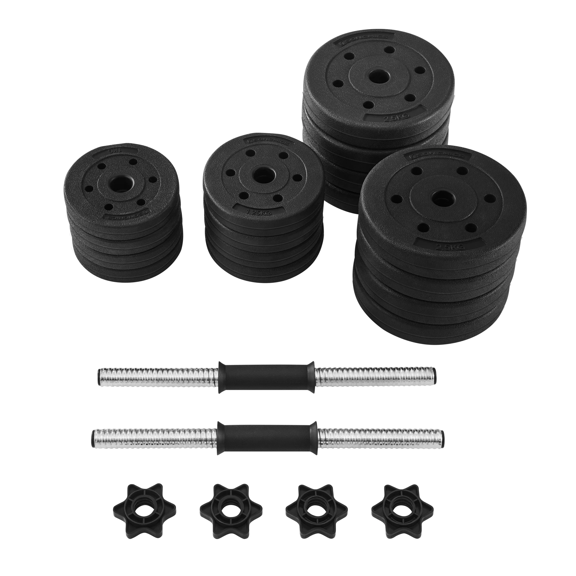 SONGMICS Fitness Dumbbells 30 kg Adjustable Weights Set for Home Gym, featuring non-slip design, durable PE cover, and versatile weight options including 16 plates (8x2.5 kg, 4x1.25 kg, 4x1 kg) for customized training.
