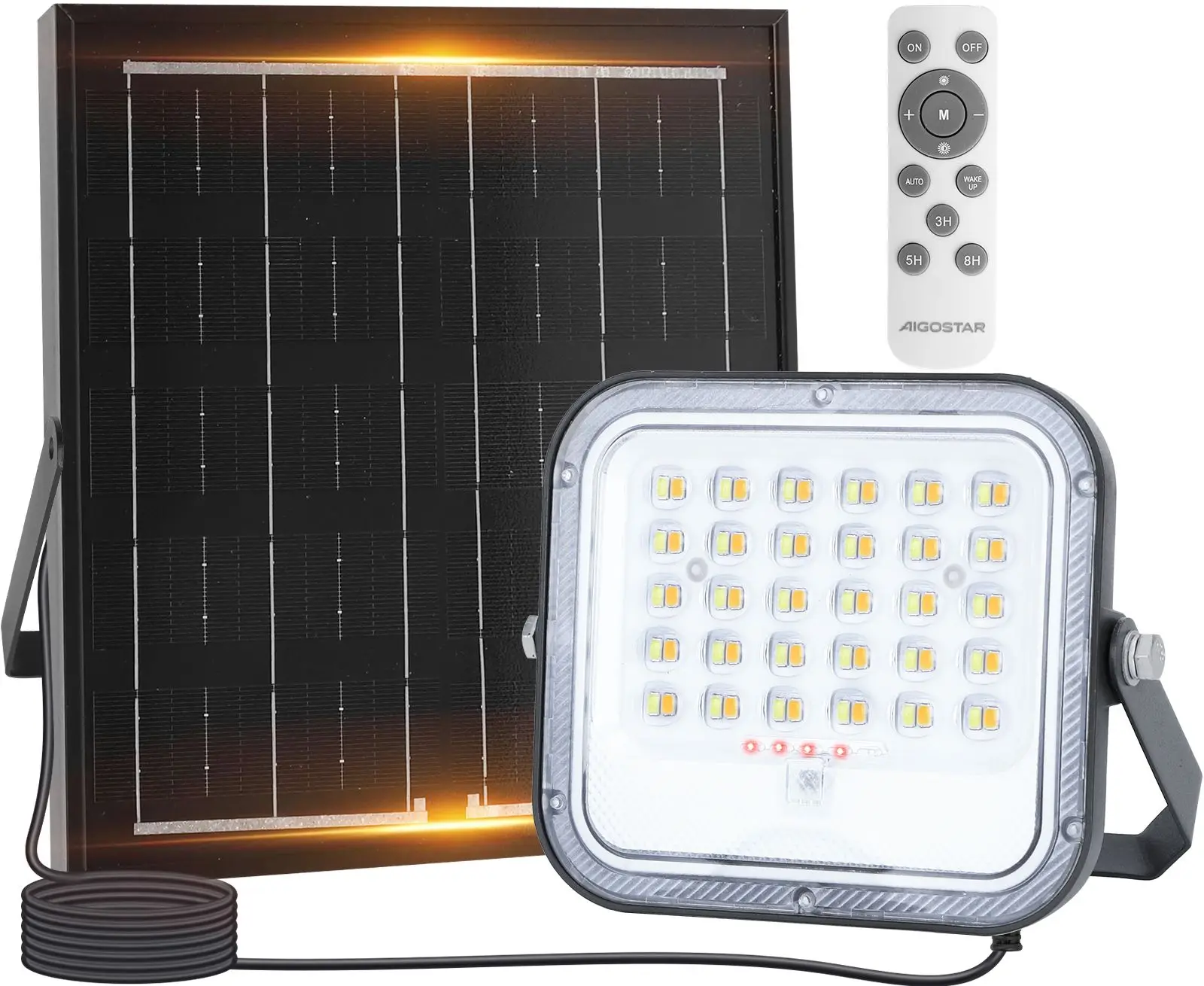Aigostar Foco proyector LED solar con mando a distancia,4000mAH,gran panel solar y batería de gran capacidad,regulable 3000/4000/6500K,IP66,cable 2m