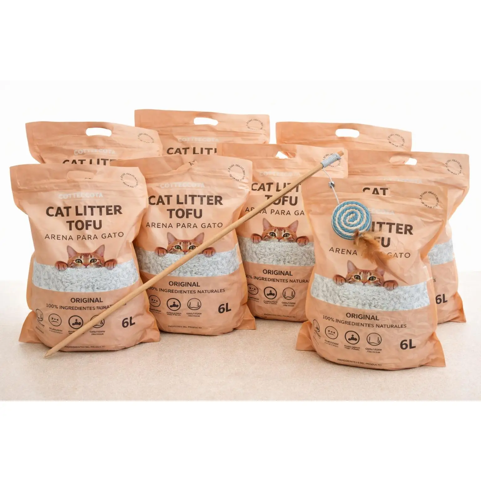 Pack 8x Arena para Gato Tofu COTTECOTA 6L (Original o Lavanda) + Juguete Interactivo (Color Aleatorio)| 100% Natural, Bajo Polvo, Alta Absorción