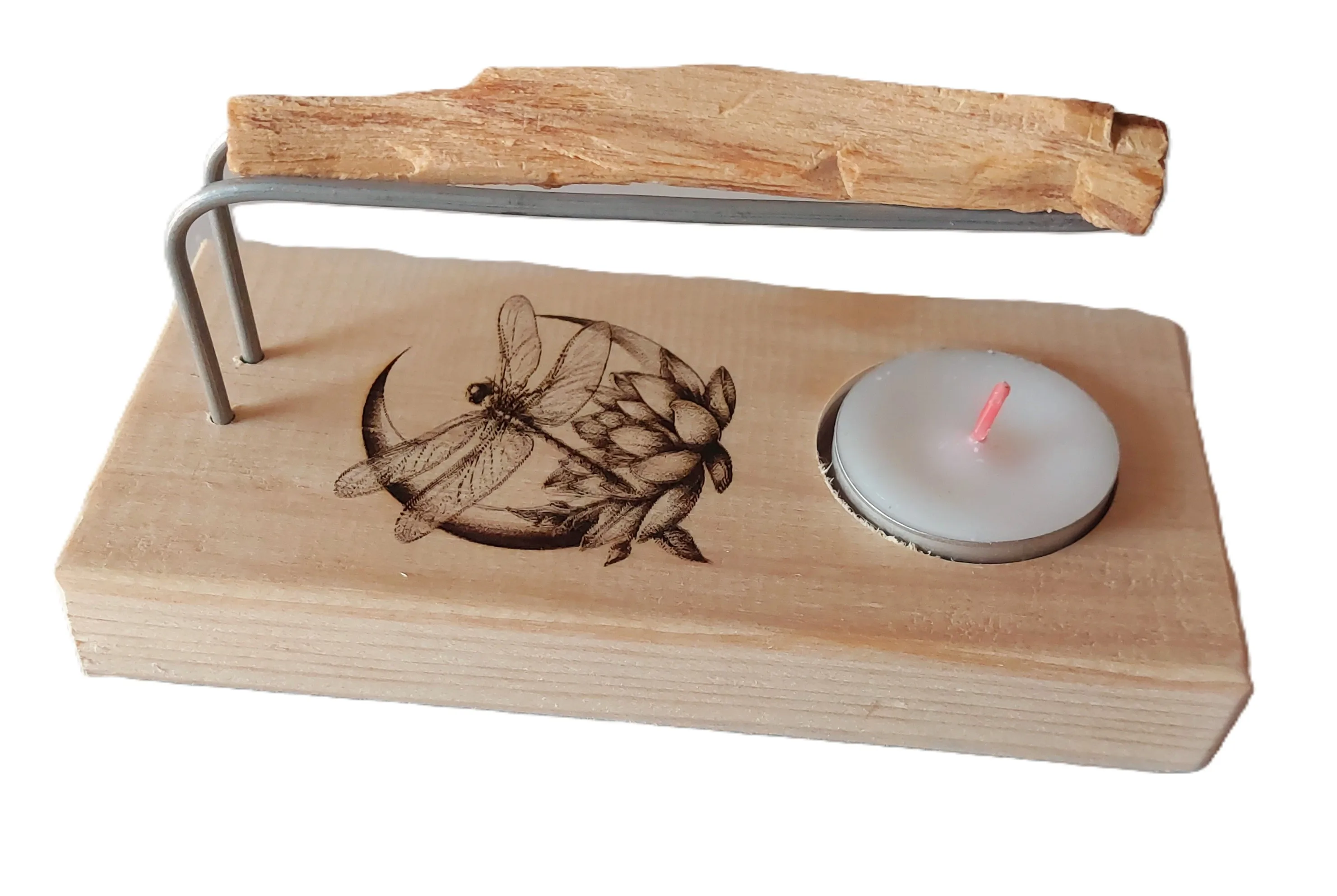 Handmade Natural Wood Palo Santo Burner with Metal Support, Includes Tea Light Candle and Genuine Palo Santo, Features Lotus Flower and Dragonfly Design, Safe and Stable for Incense Burning. #2