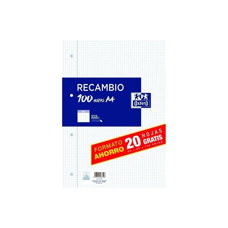 Oxford, fogli quadrati A4 perforati di ricambio. 100 fogli, 4 fori, raccoglitore di ricarica, 80+20 fogli, griglia 4x4, con margine, grammatura 90 g. Linee blu