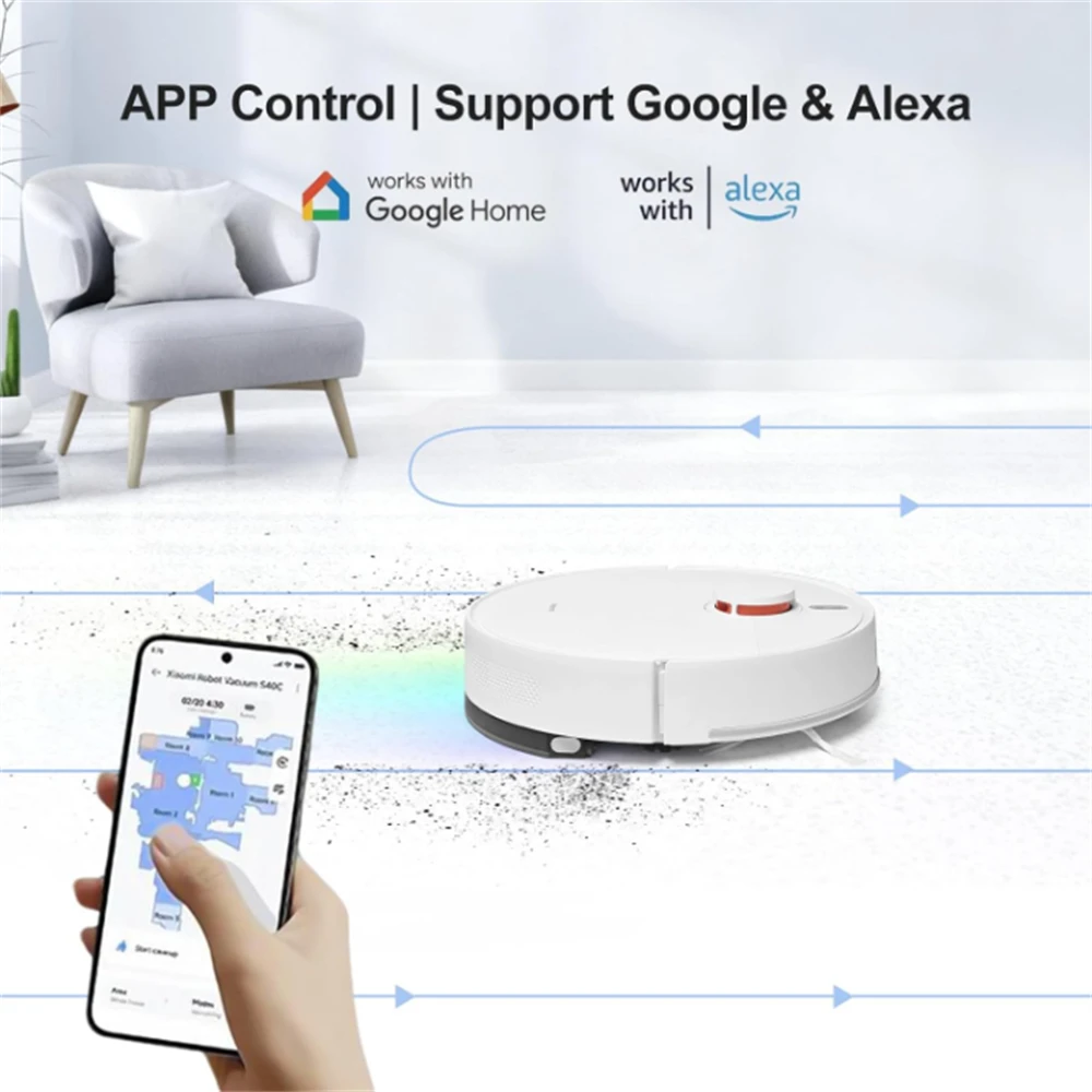 Xiaomi Robot Vacuum S40C, Potente ventilador de succión 5000 Pa, Depósito de agua y depósito de polvo de alta capacidad 4