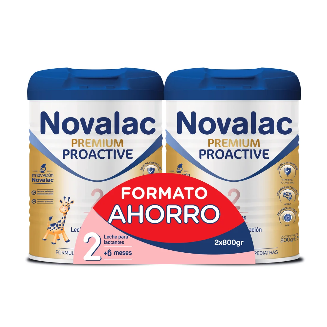 Novalac Premium Proactive 2 - Pack Ahorro - Leche Continuación 6-12 Meses. Contribuye Desarrollo Normal y Sistema Inmunitario del Bebé. Fórmula Elaborada con Pediatras con Hierro, DHA, Vit A, C y D - 2x800 g
