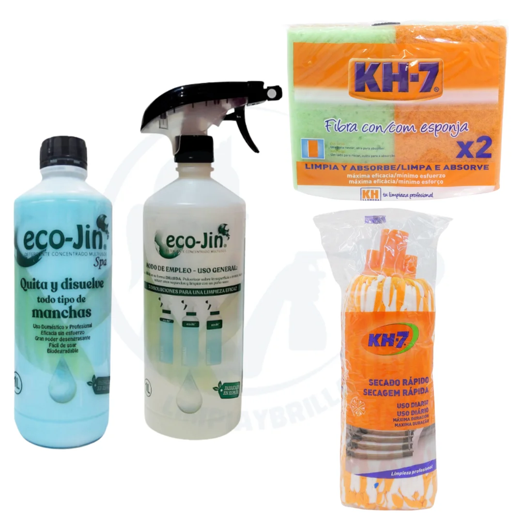Ecojin SPA AZUL + Estropajo Fibra con Esponja KH7 y Fregona Microfibra Secado Rápido KH7 Quitamanchas Multiusos para Todas las Superficies. Producto Original de Laboncler, Limpia y Brilla con Eficiencia