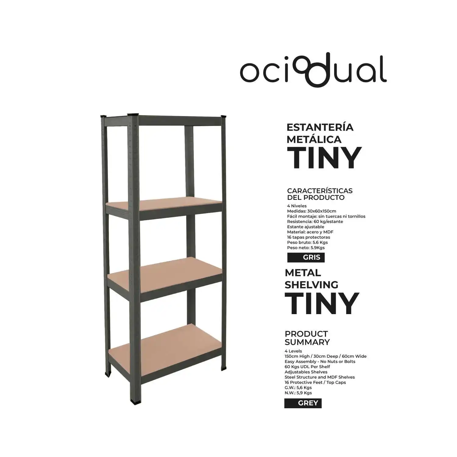 OioDual Metal Shelf Tiny Grey, Shelf for Home, Storage Rack, Storage Rack, Furniture, Office, Divisible Storage Shelves, Screwless, 240kg, 4 shelves MDF, 150x60x30cm
