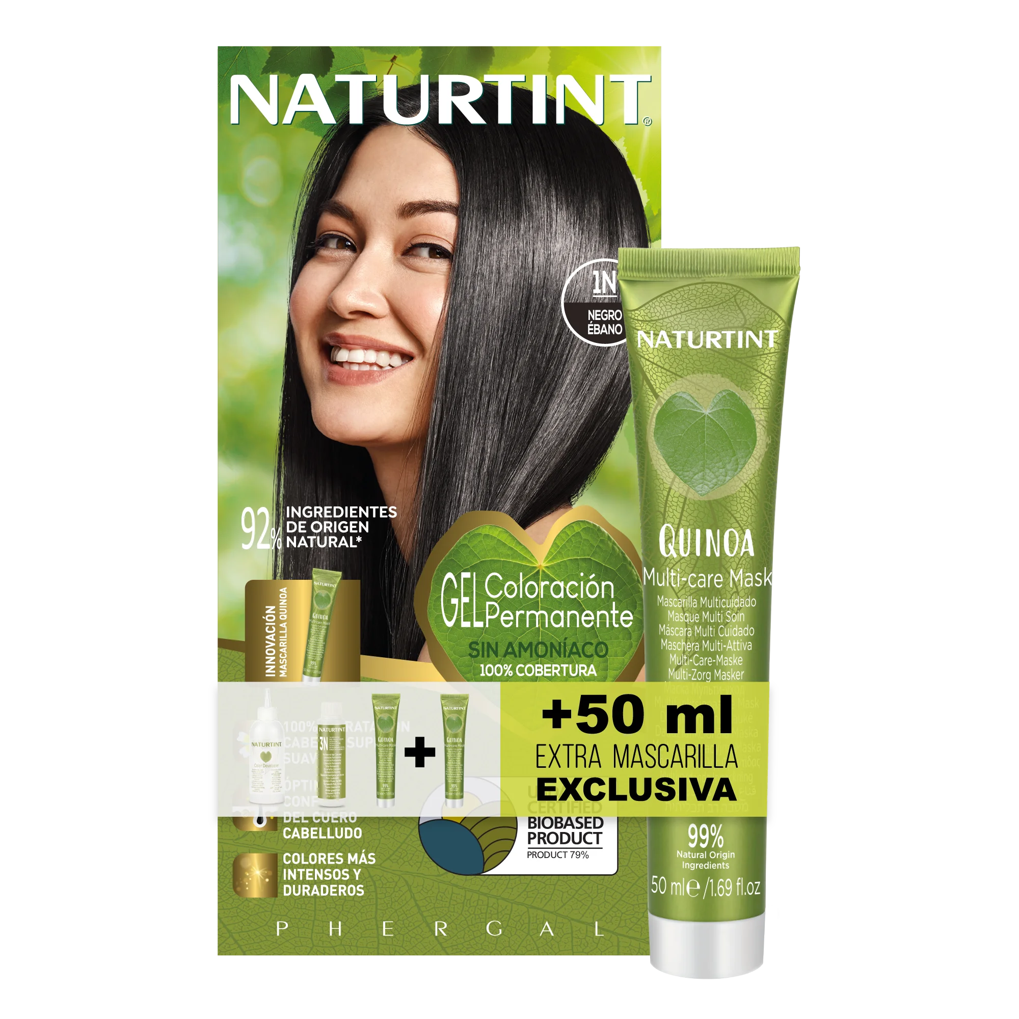 NATURTINT Biobased, Coloración Permanente Sin Amoniaco + Extra Mascarilla 50ml, 100% Cobertura de Canas, Tinte para el Cabello con Ingredientes Naturales, Color Intenso, Natural y Duradero 170ml
