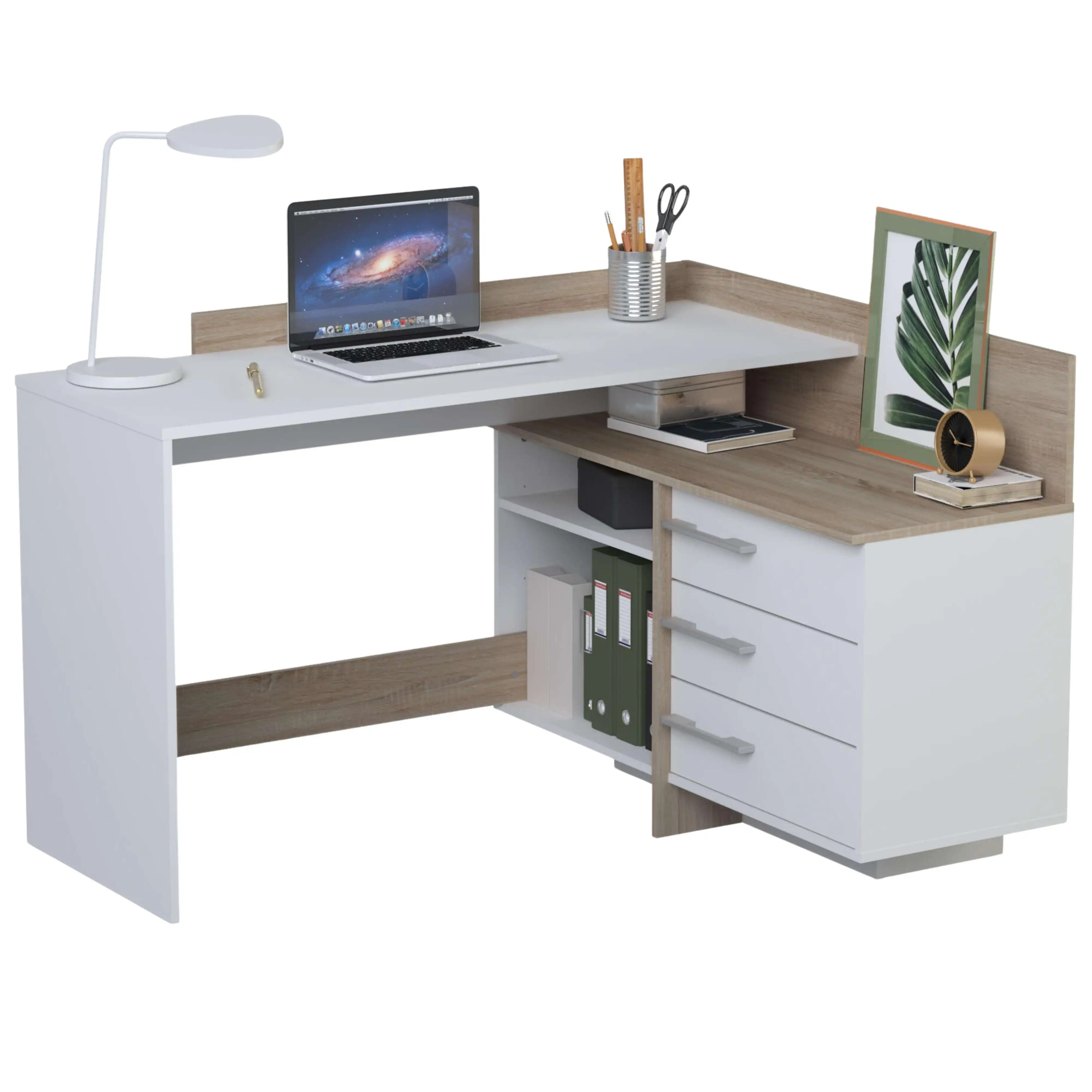 Miroytengo Mesa Escritorio con Cajonera Color Blanco Perla y Roble Cepillado 128 cm