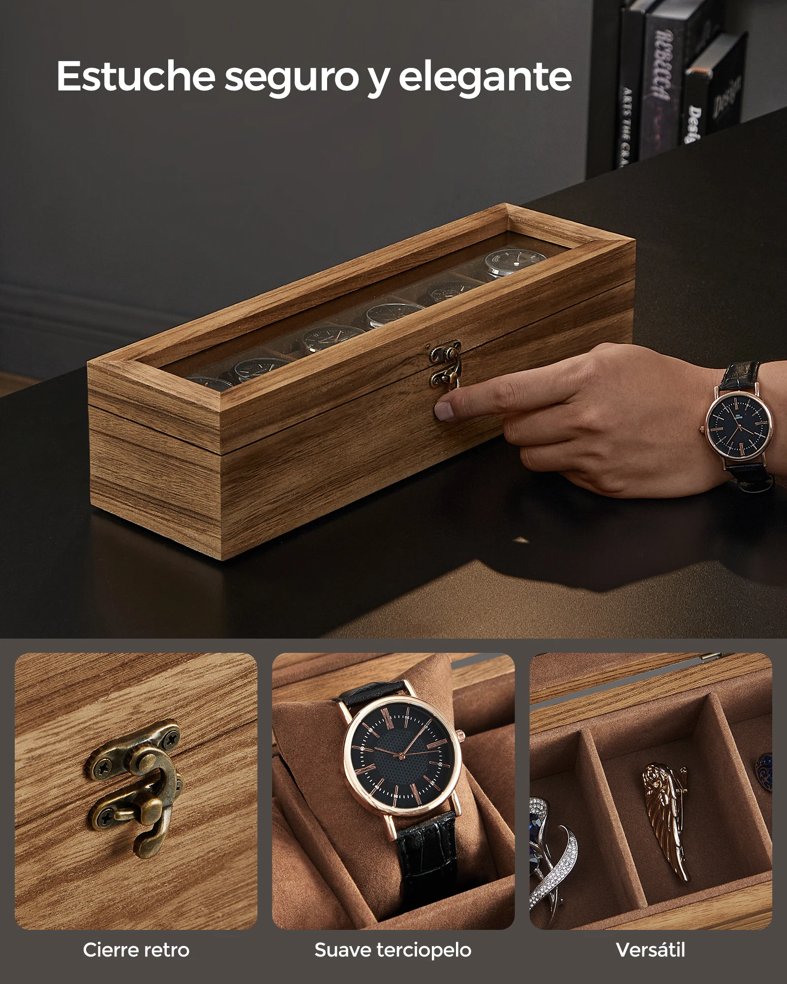 Songmics watch box with 6 compartments, solid wood watch box, with glass lid, watch cushion, gift for loved ones, rustic walnut, christmas gift #4