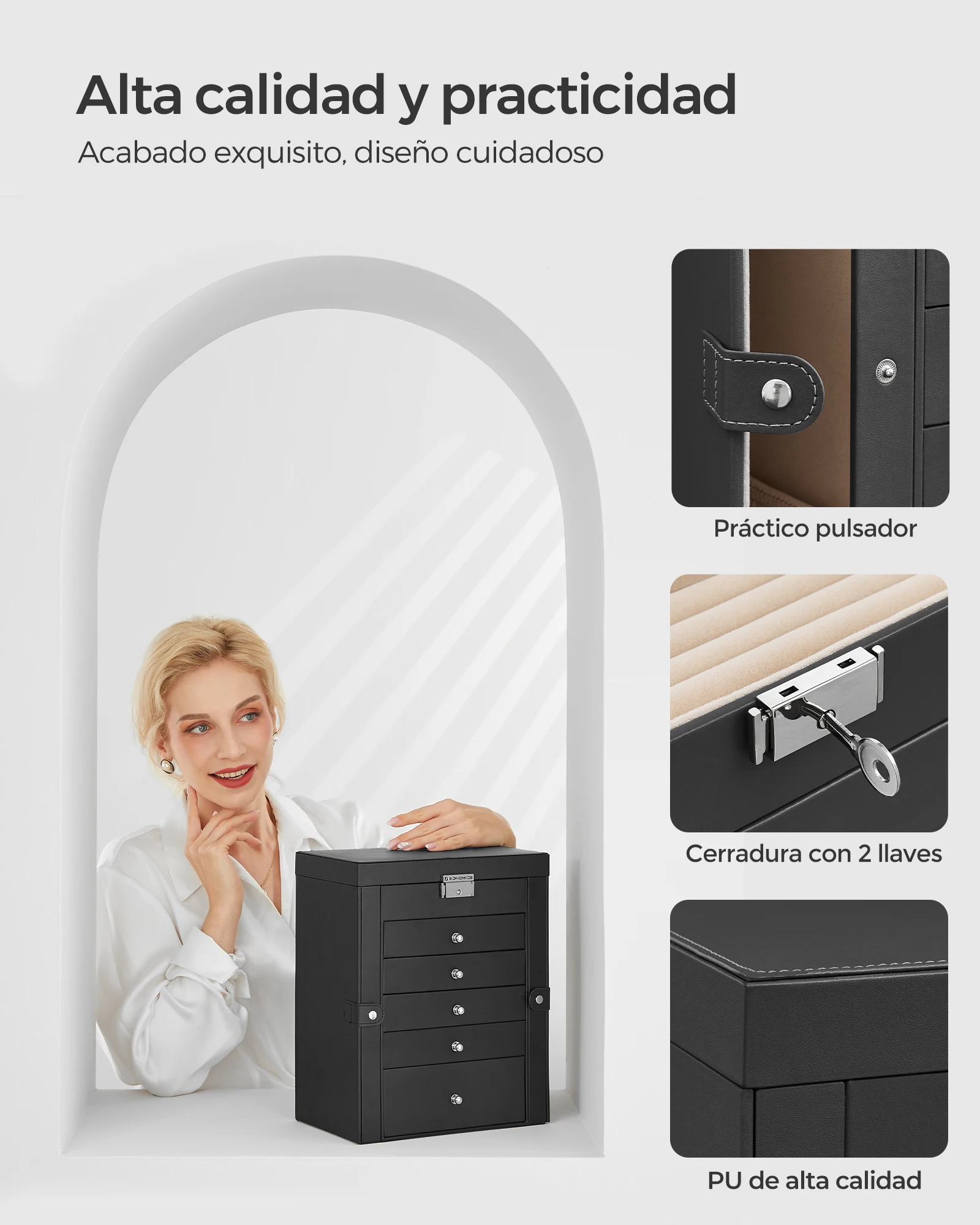 Songmics 6 tier jewelry box, jewelry box with 5 drawers, large space, interior with mirror, lock, jewelry storage, gift for loved ones, for watches, black/white/gray, christmas gift