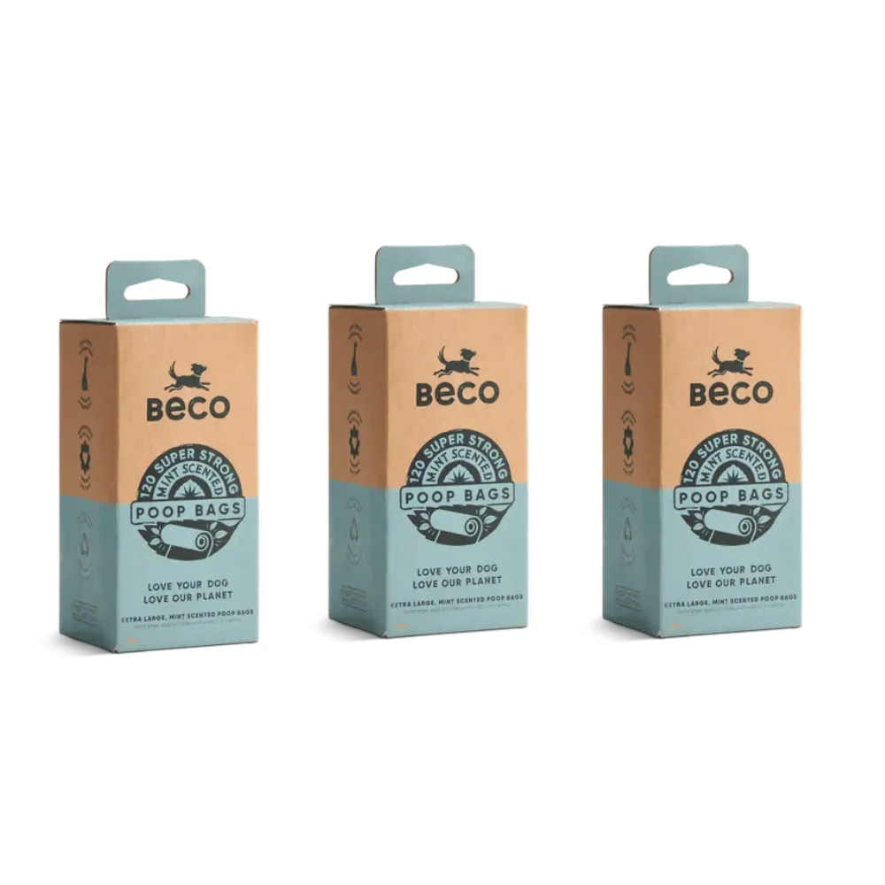 Beco – 360 Bolsas Ecológicas para Caca de Perro, 3 Packs (8 Rollos x 15 Bolsas) 100% Recicladas con Aroma a Menta, Resistentes y a Prueba de Fugas, Aptas para Dispensador Estándar