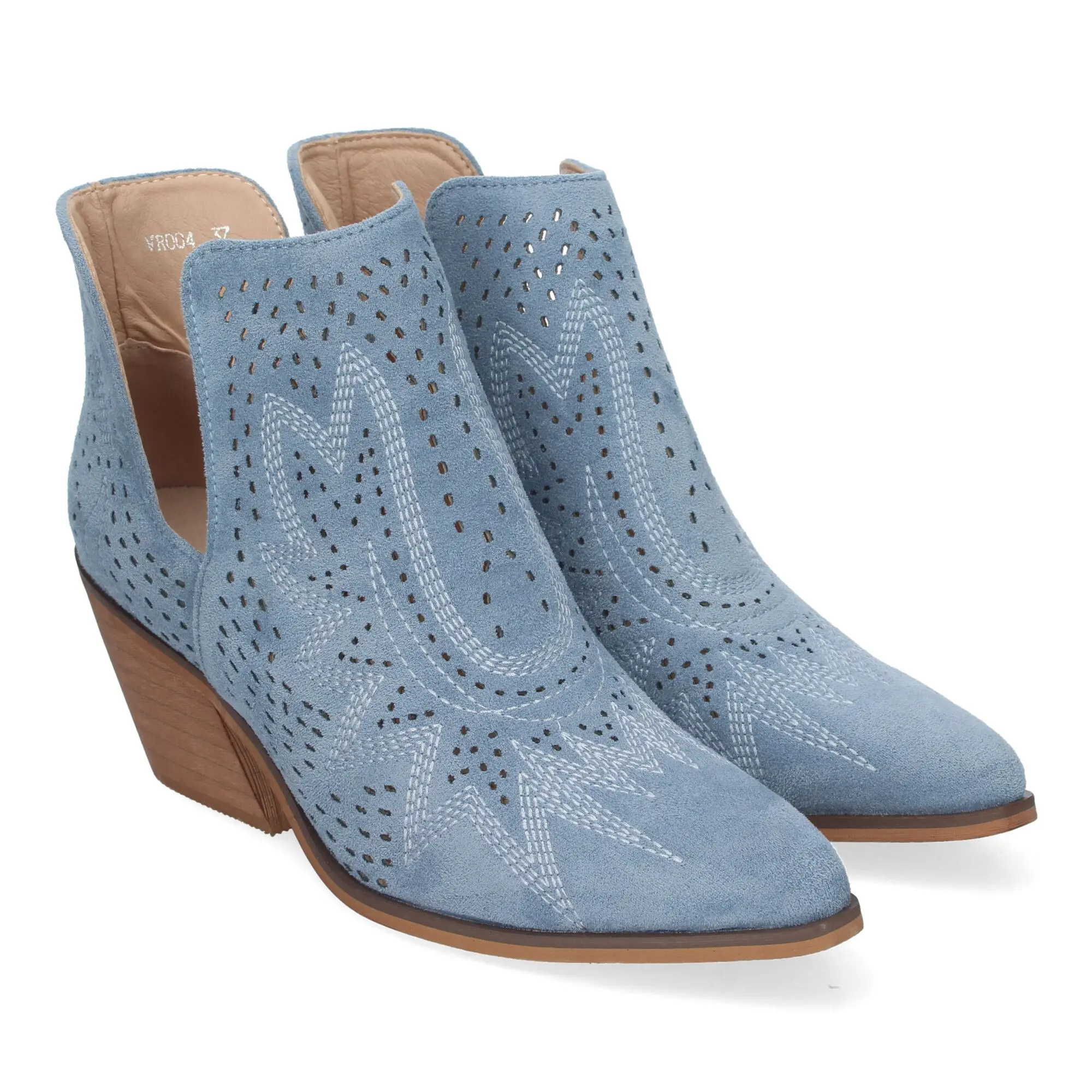 PuntoSalao Botines de tacón bajo calados cómodos color jeans para mujer VR004