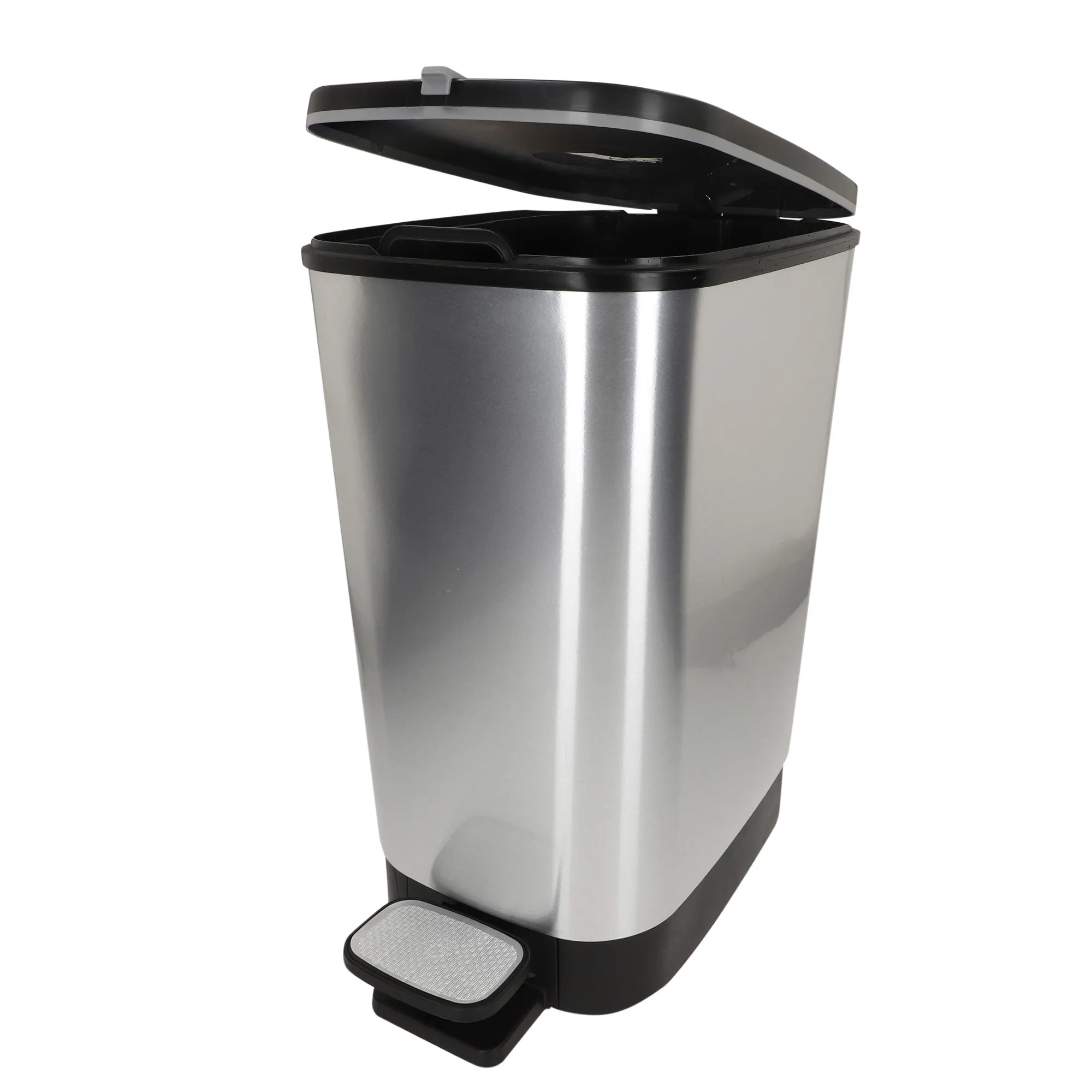 Curver - Cubo de basura Chic Bin 25L, diseño gris metalizado, pedal ajustable, sistema antiolor, base antideslizante, cesto interior extraíble, medidas 26,5x40,5x45 cm, ideal para cocina y oficina,