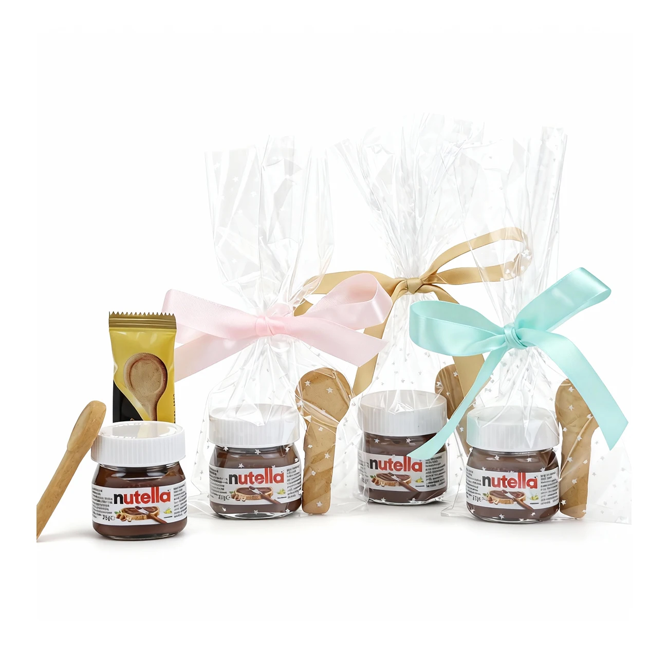Pack de 12 a 36 unidades de Mini Nutella 25 g con Galleta Cuchara, Detalle Dulce para Invitados, Bolsita con Lazo, Comunión Bautizo Boda, Detalles para niños, Regalos originales para invitados, Mini nutella para regalar, Regalantes.com