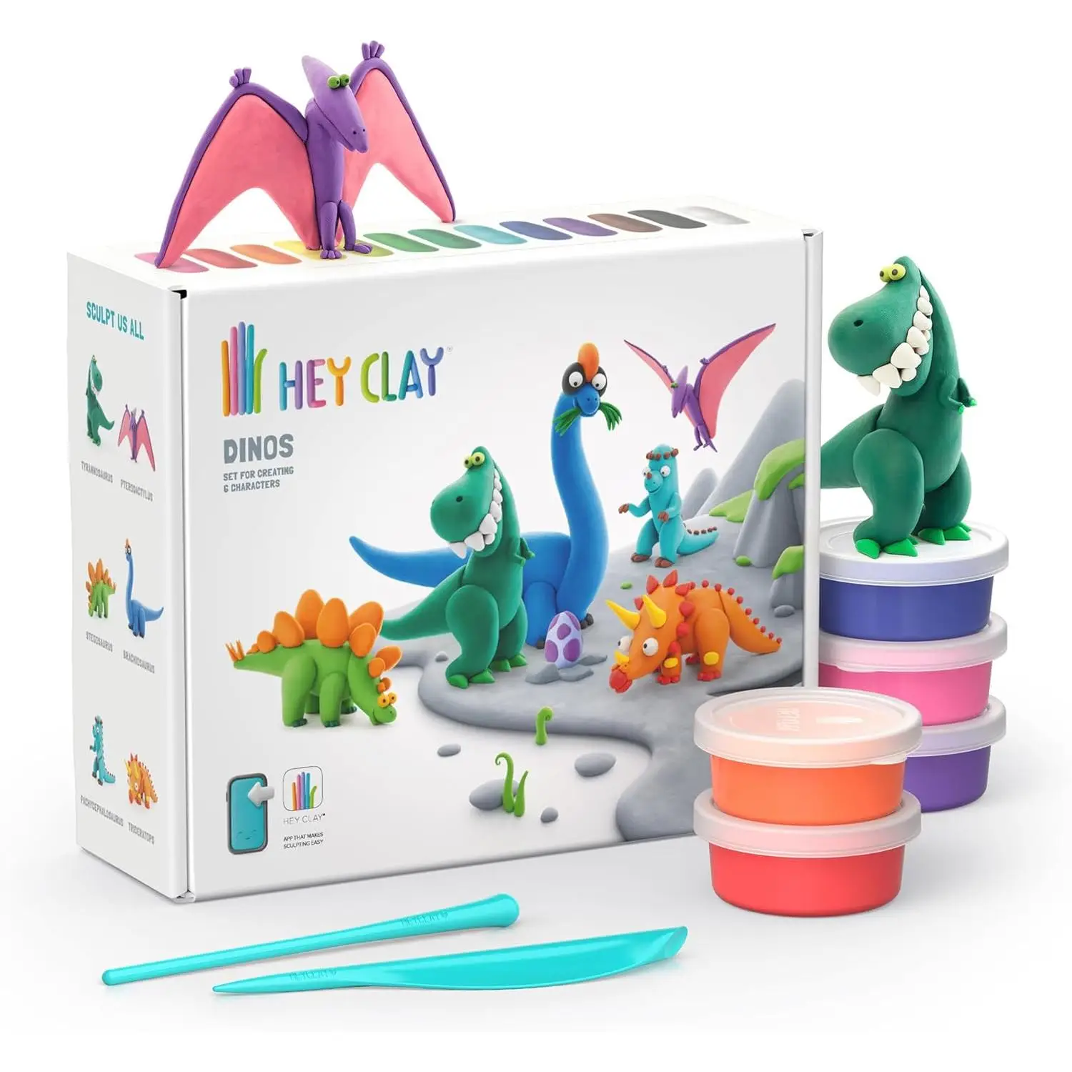 Hey Clay - Dinos | Arcilla Polimérica Con 15 Botes | Manualidades Niños 3 Años O Más De Dinos | Regalo Cumpleaños Niños Y Niñas Con 6 Figuras | Arcilla Secado Al Aire