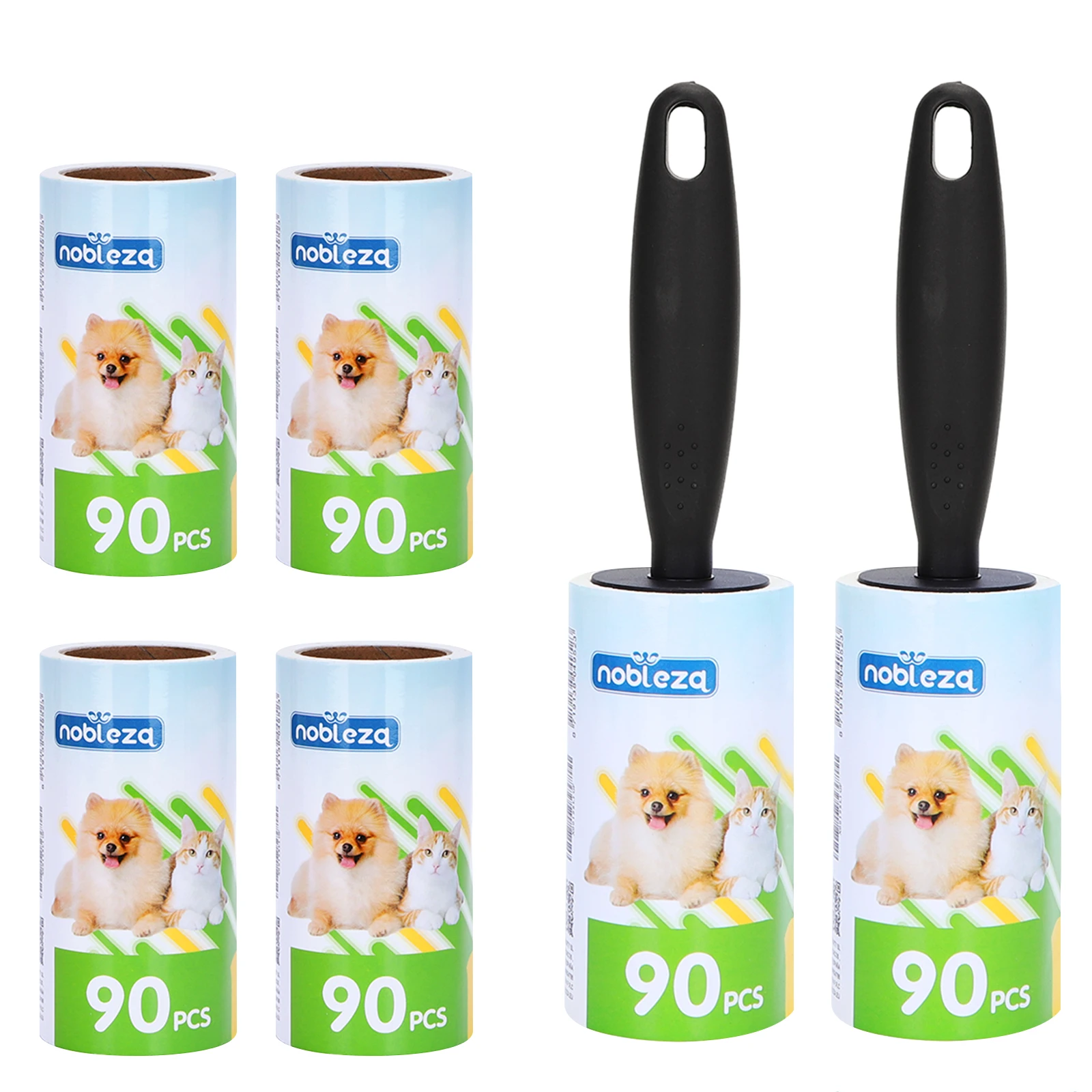 Nobleza 540/720 Hojas Quitapelos y Rodillos, Rodillo Quitapelusas, Rodillo Quitapelos Adhesivo Extra para Ropa, Pelo de Perro, pelos de Gato, 6 Rodillos + 2 Mangos