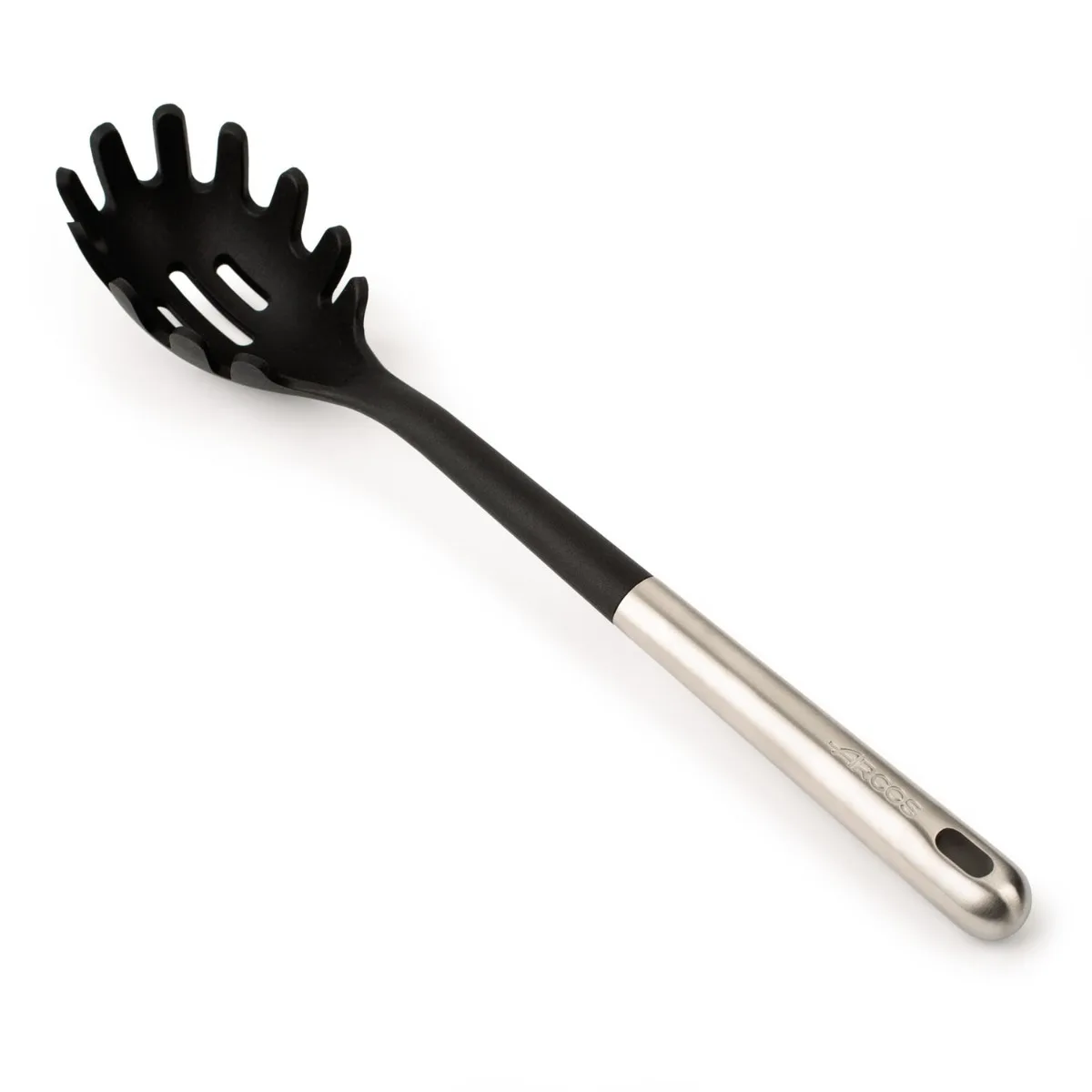 ARCOS Cucharón de Spaghetti de Silicona. Tamaño de 337 mm para Ideal para servir la pasta y con agujero en el mango para colgar. Mango y Cuerpo de Acero Inoxidable. Resiste 240º. Color Negro y gris