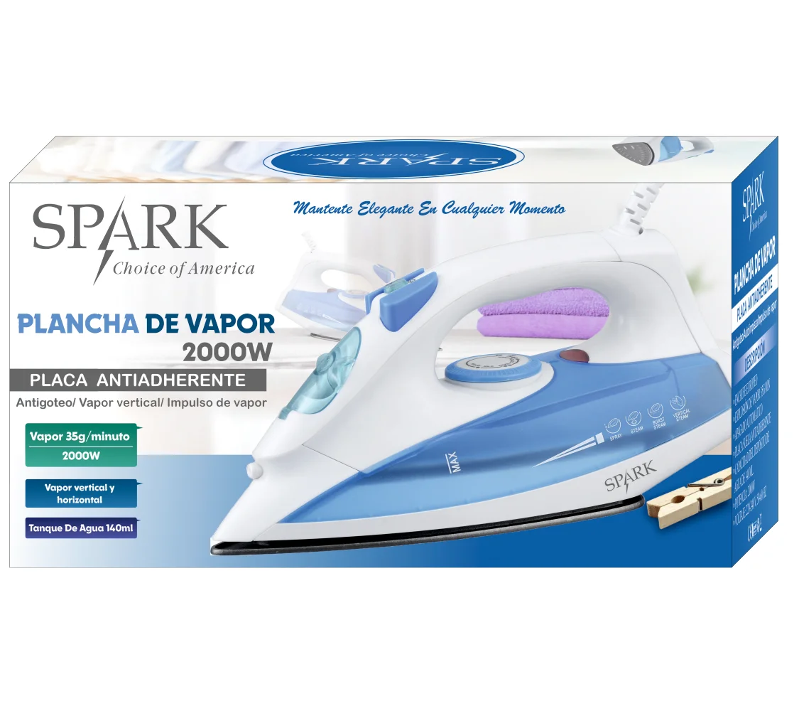 SPARK Steam Iron 2000W with Non-Stick Soleplate, 140ml Water Tank, Automatic Shut-off, Horizontal and Vertical Steam Function for Efficient Clothes Care.
