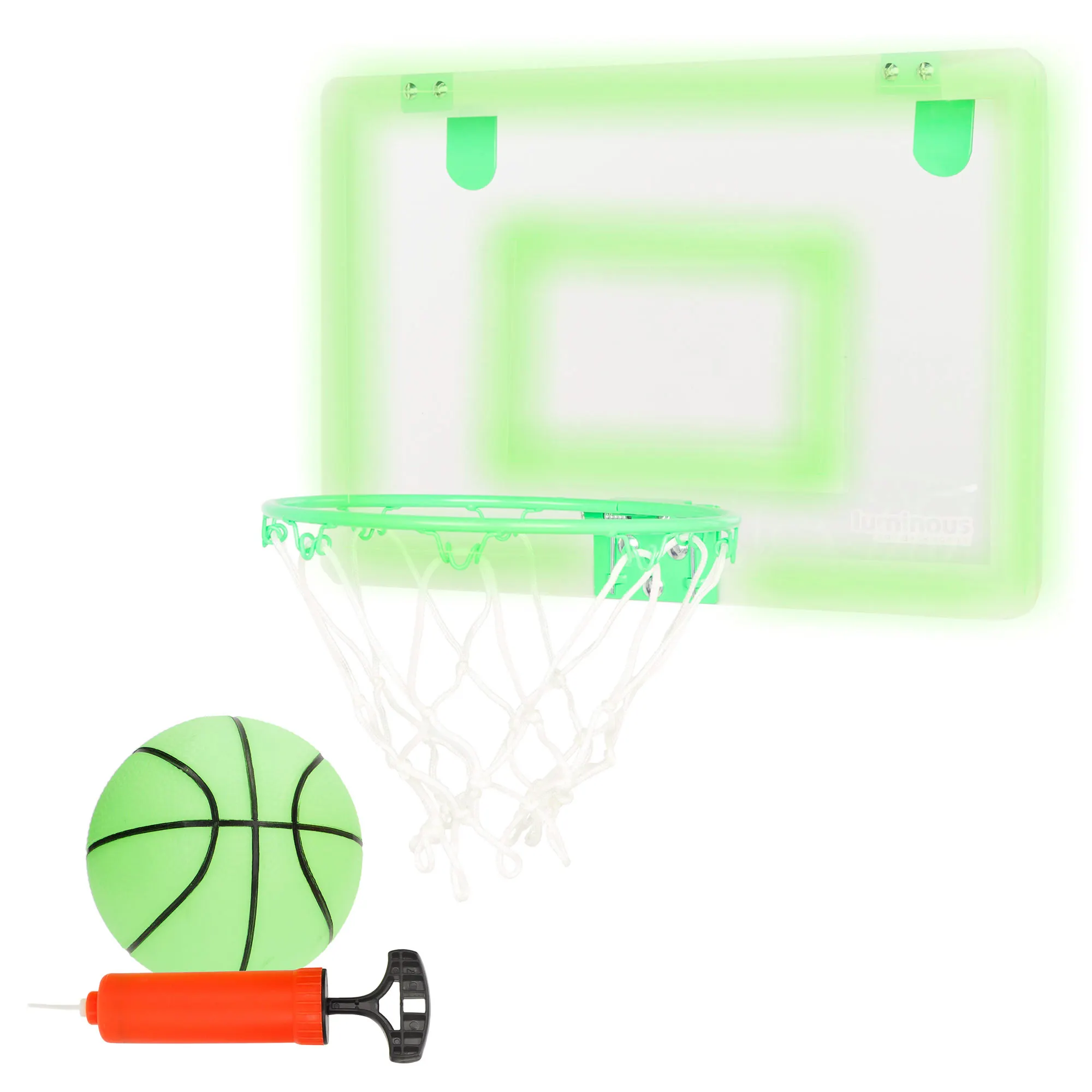 CB Sports - Canasta de baloncesto fluorescente con tablero de 45x30 cm, incluye balón y bomba de aire, fácil instalación en puerta o pared, ideal para jugar en casa, interiores, coordinación,