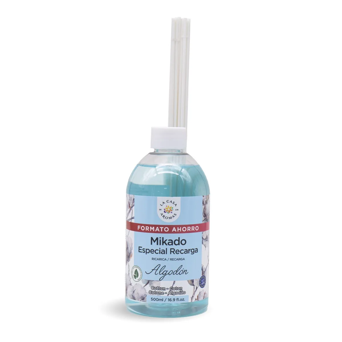 La Casa de los Aromas ambientador Mikado Reposicion ALGODON botella 500ml incluye palitos de recambios. Ambientador Fragancia duradera Calidad Casa Aromas garantizada