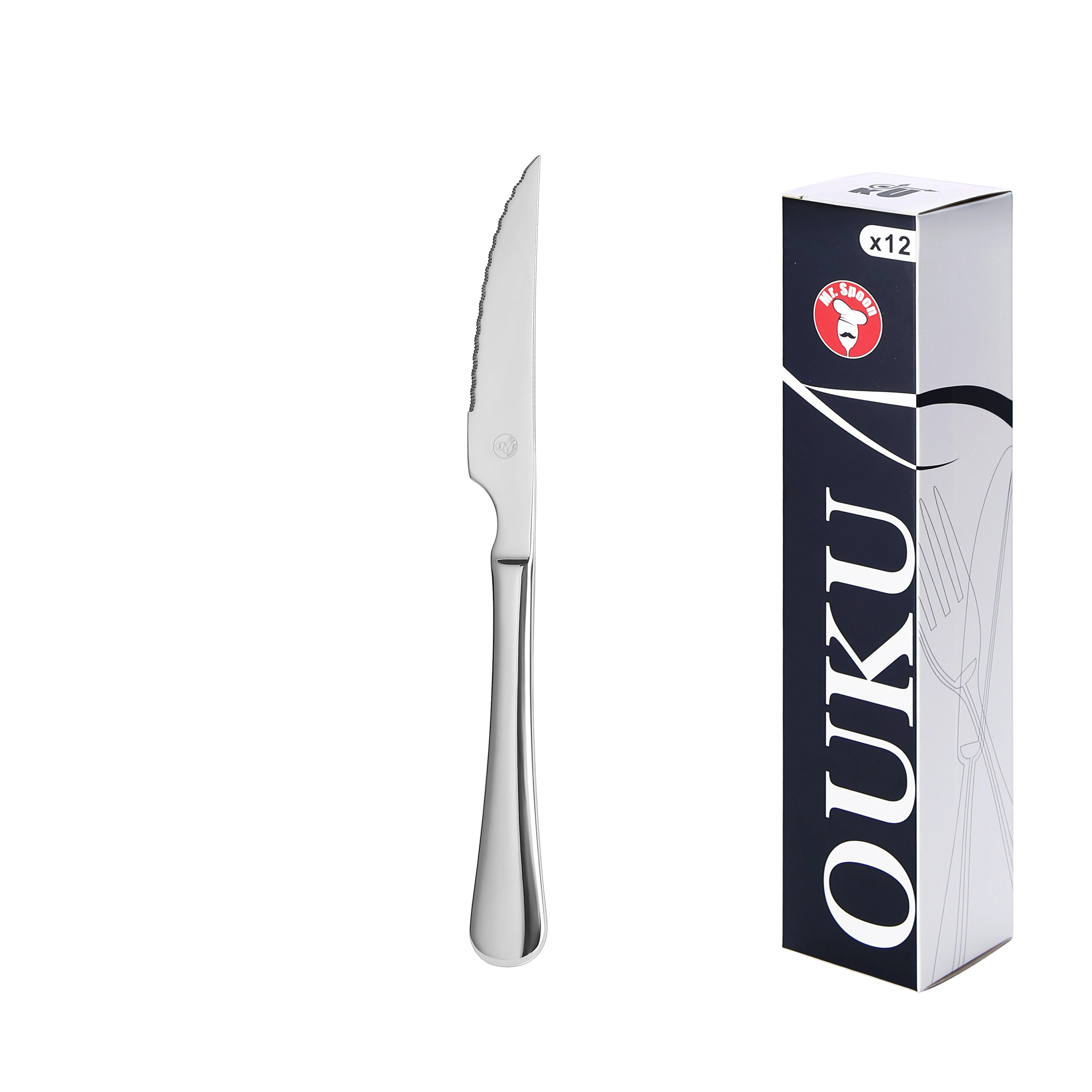 Mr.Spoon Serie Liso Cuchillos 12, 48 o 120 piezas,Acero inoxidable 13/0,Plateado,Económico y funcional,Cuchillo de carne y mesa largo 225mm,cuchillo de fruta 195mm,Mango monobloque,Apto para lavavajillas,Empaque ecológico,Ideal para casa,hotel,restaurante