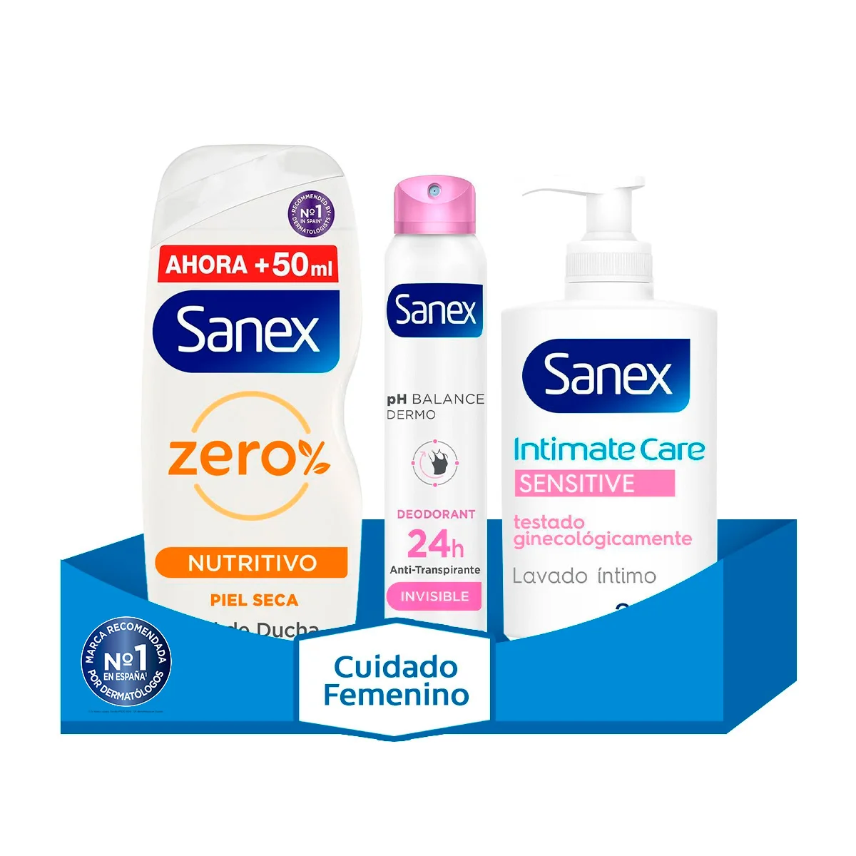 Sanex Care Pack for Women with Zero Nourishing Shower Gel 600ml Intimate Soap 250 ml Invisible Deodorant Spray 200ml