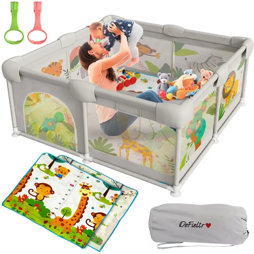 Parque Infantil para Bebé con Alfombra, 2 Agarraderas y Malla Transpirable - Corralito Plegable con Puerta Lateral y Diseño de Animales - Playpen para Bebé