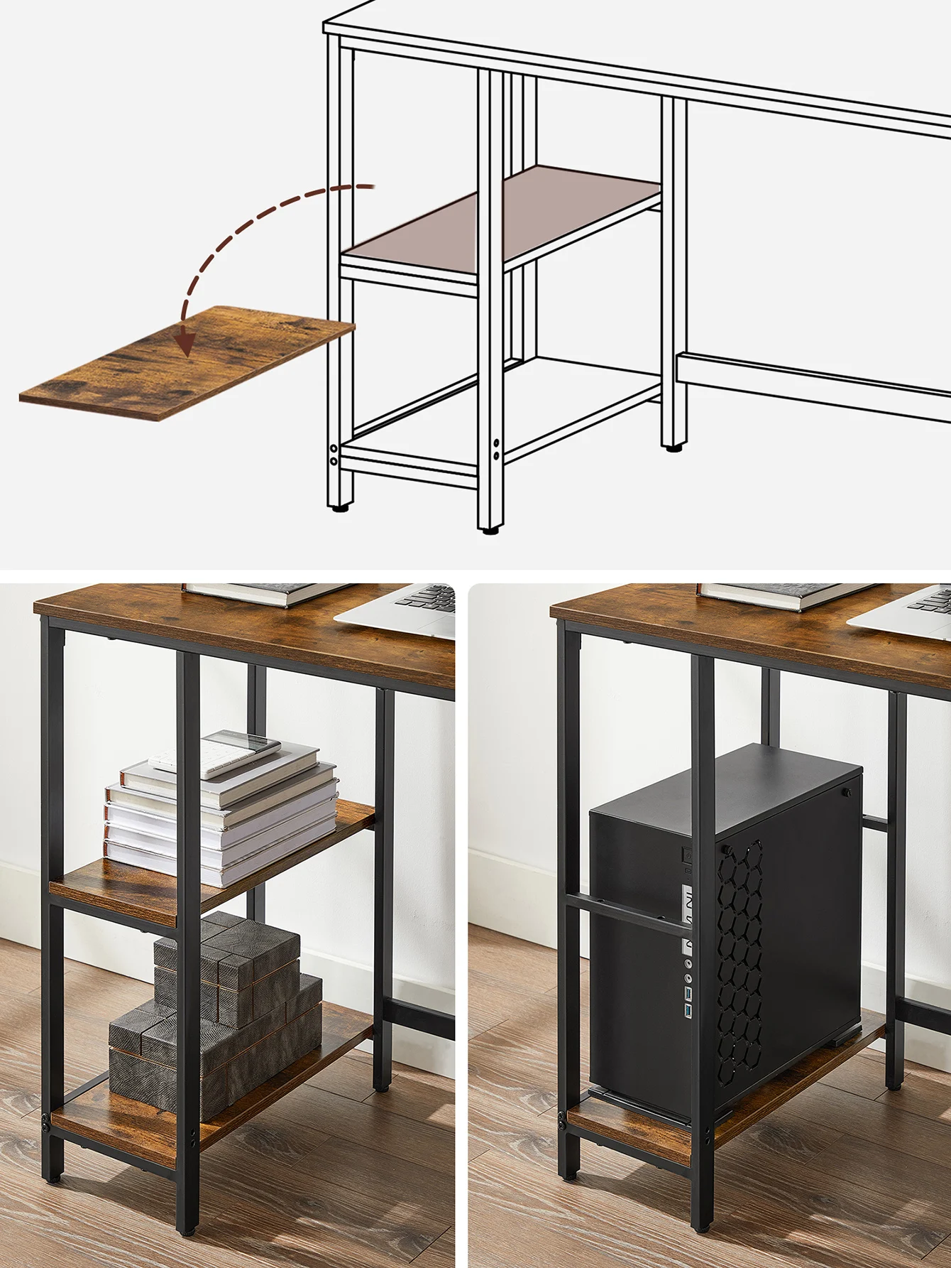Vasagle desk, computer table, with 2 shelf levels on the left or right, for office, bedroom, steel structure, industrial, rustic brown and black/greige and black/ebony black/maple white/natural beige and pearl white