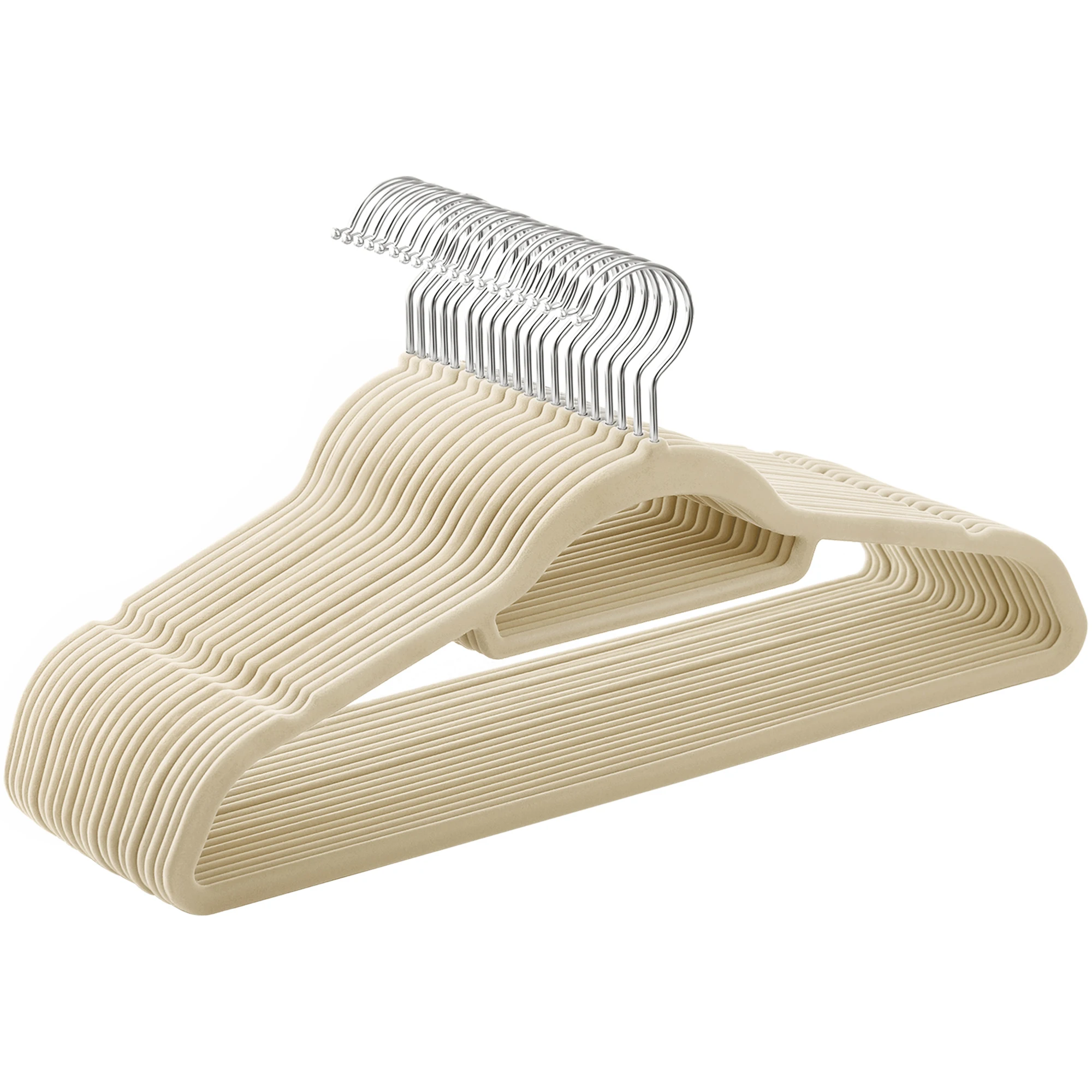SONGMICS Percha de Terciopelo, Juego de 20, Antideslizantes, con Barra Corbata y Gancho Giratorio 360°, 0,6 cm Espesor, Ahorra Espacio, 43,5 cm Largo, para Abrigo Vestido Pantalón, Beige/Blanco/Gris/Negro/Rosa Coral/Rosa Coral/Gris Claro