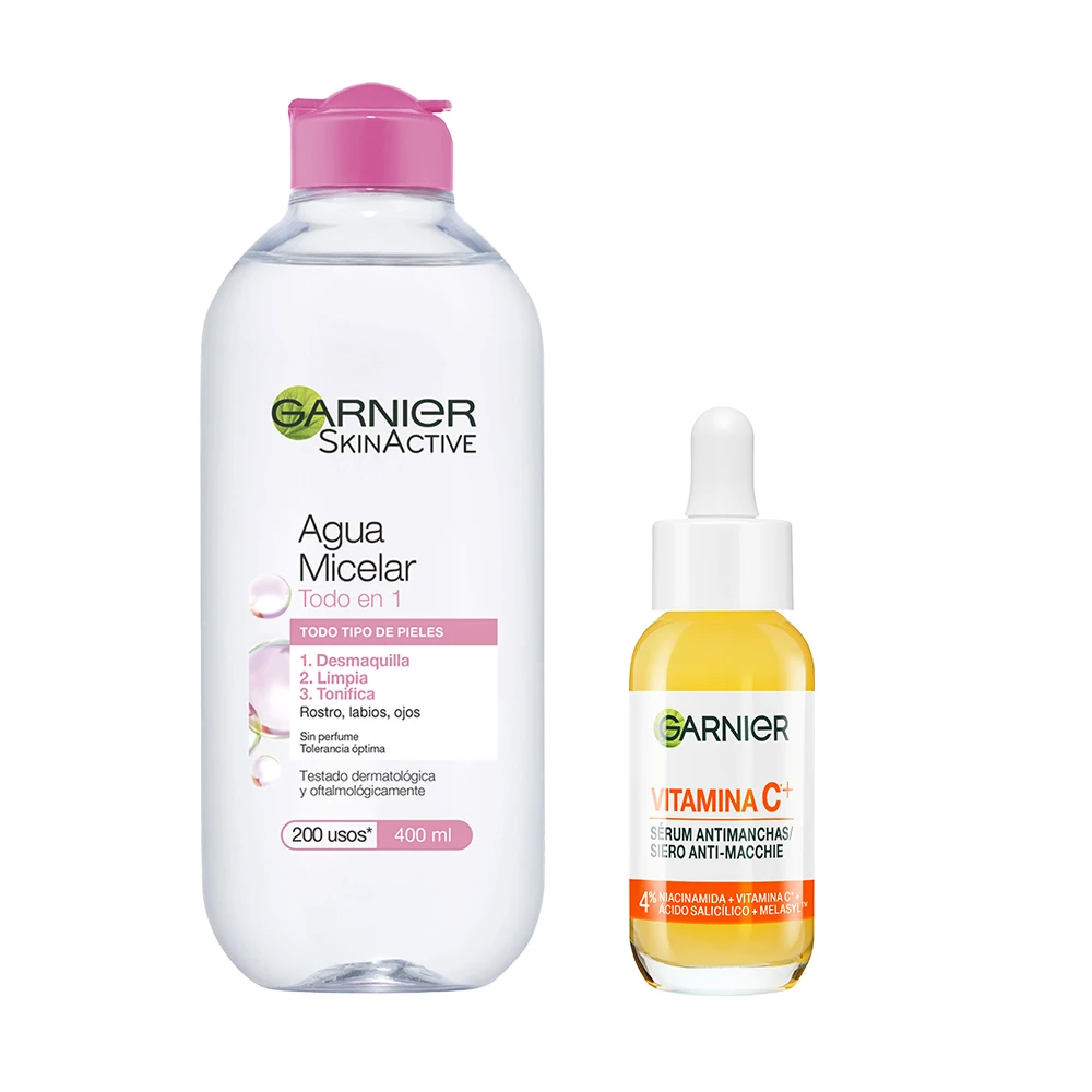 GARNIER | PACK Sérum Anti Manchas con Vitamina C, Niacinamida y Ácido salicílico. Reduce un 43% la intensidad de las manchas oscuras 30ml +  Skin Active Agua Micelar Clásica para pieles normales todo en uno 400ml