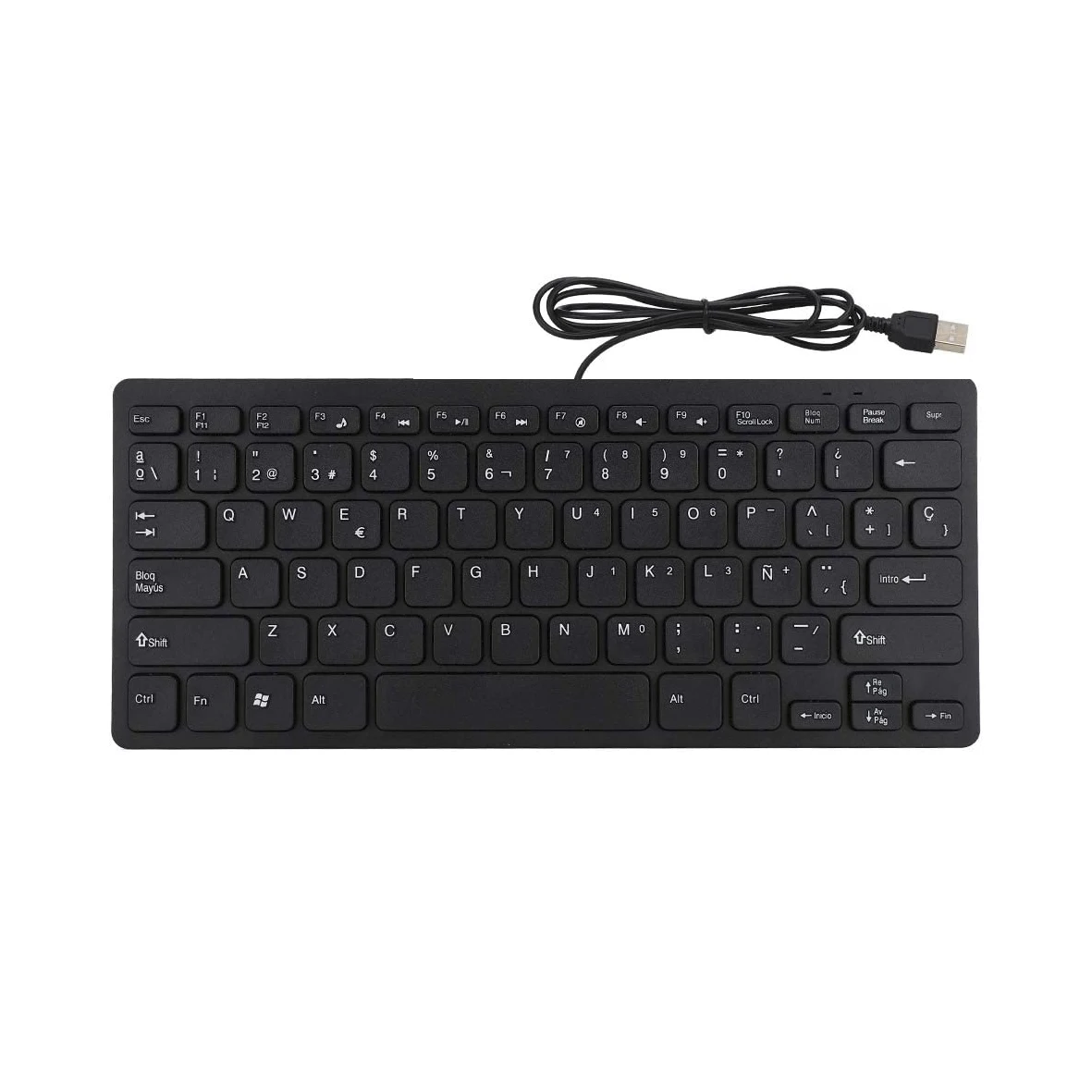 Spanish keyboard with ultra-thin cable, black or black with 78 key usb connection, plug and play, robust and silent portable keyboard for office games