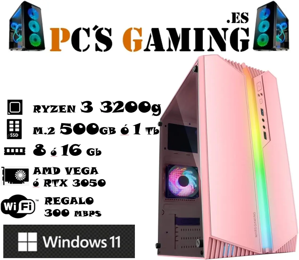 PC GAMING AMD RYZEN 3 3200G • RTX 3050 • 16gb RAM DDR4 • M.2 1000Gb • Windows 11 Pro