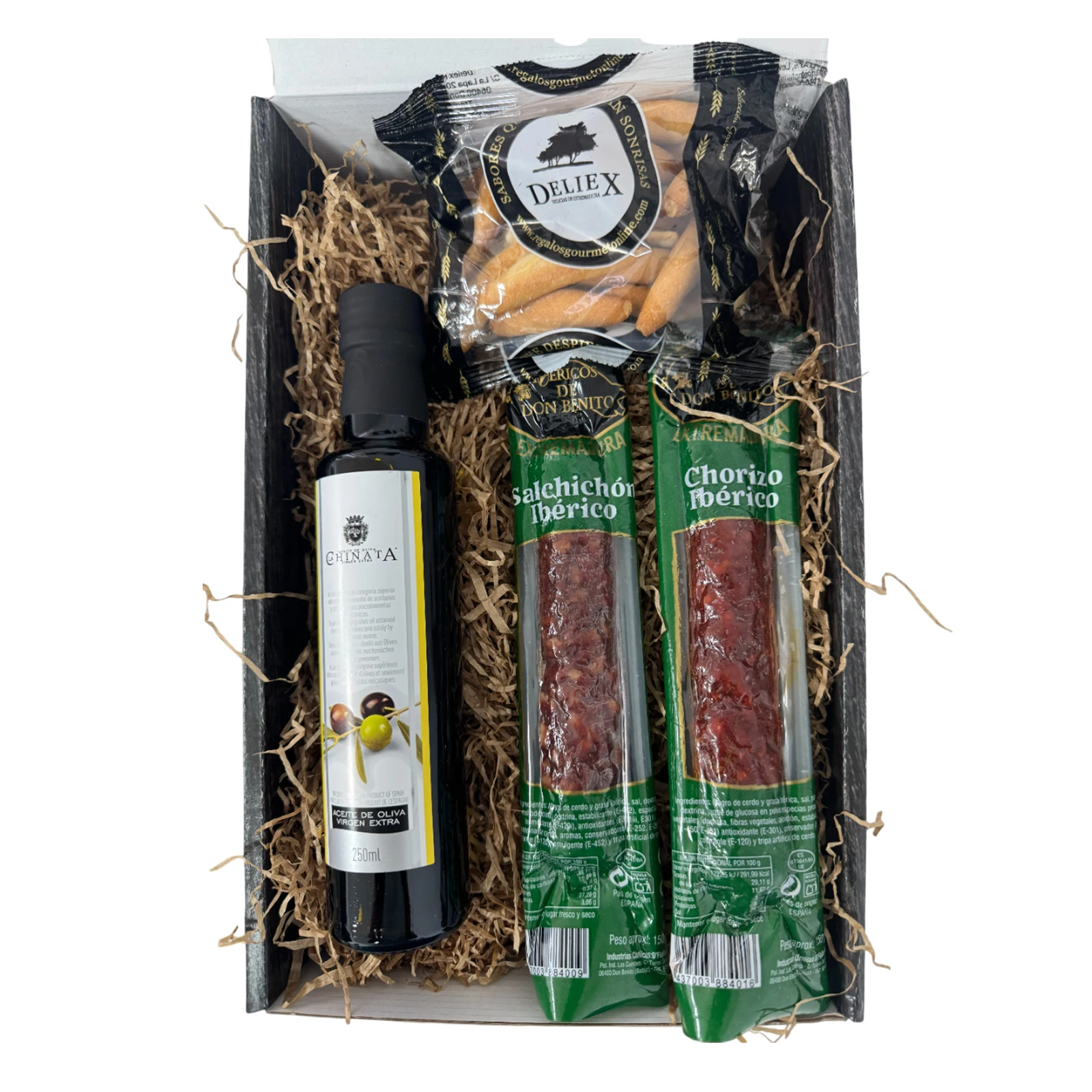 Cesta gourmet para regalar con ibéricos, a elegir con vino, aceite o paté y crema de queso, escoje la caja regalo que mas te guste (Estuche regalo, Aceite)