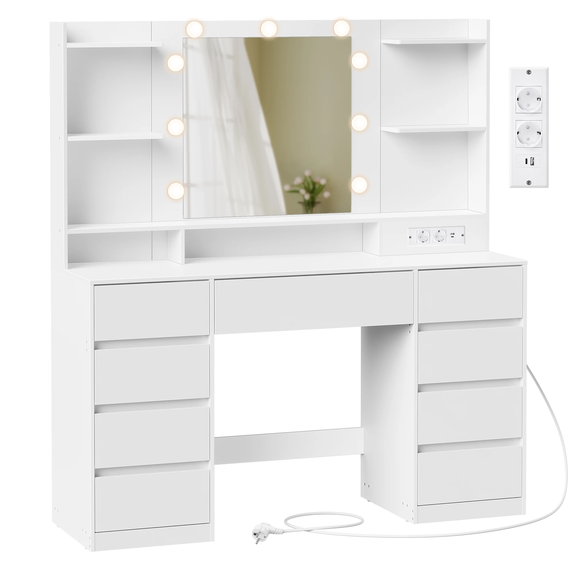 VASAGLE KAILYN Colección - Tocador con Espejo LED, Regleta, 9 Cajones, 9 bombillas regulables, Iluminación de 3 Colores, Montaje sin Herramientas, Blanco Nube