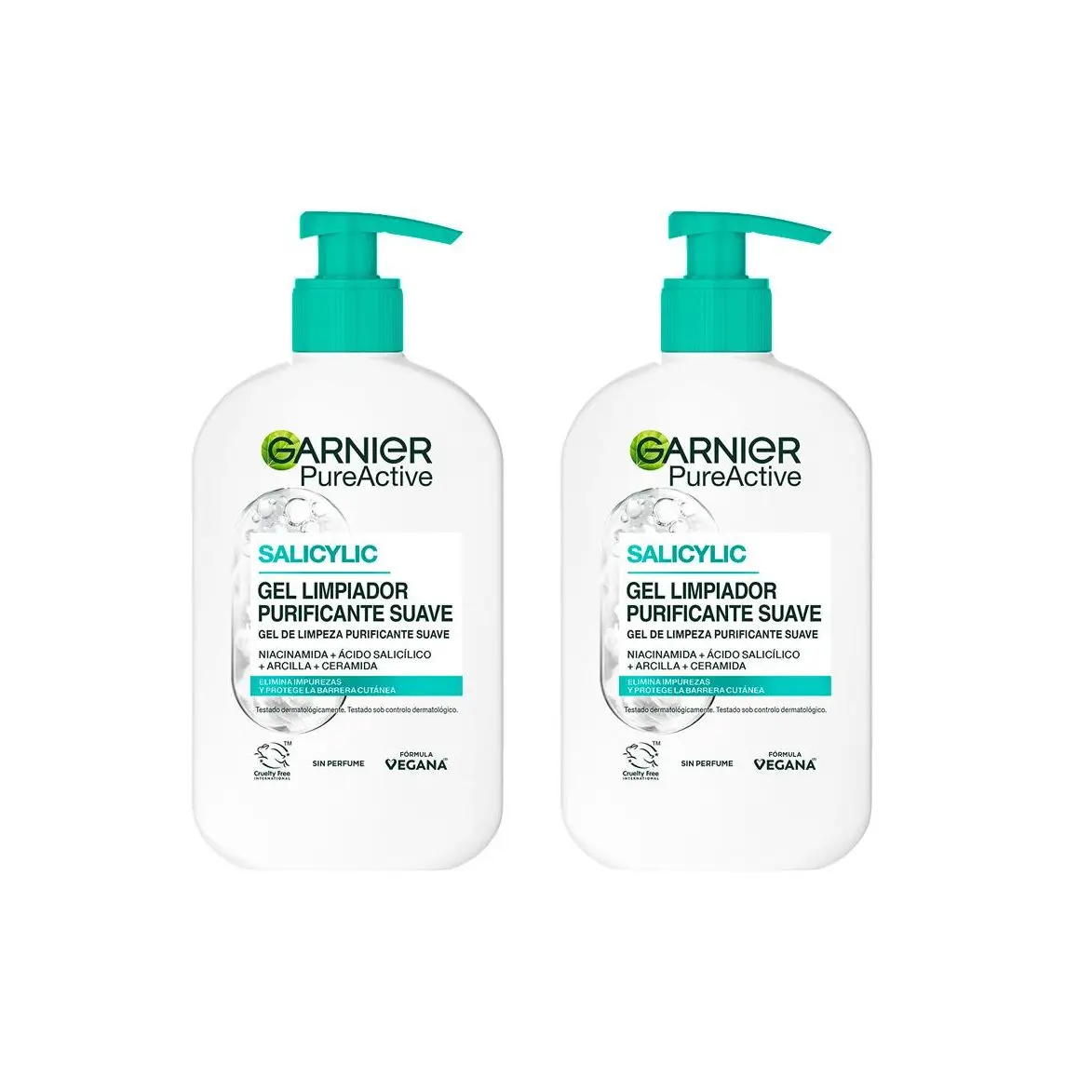 Garnier| Duplo Pure Active Gel limpiador Hidratante con Ácido Hialurónico, Ceramida y Arcilla elimina impurezas, grasa y maquillaje - 2x250ml