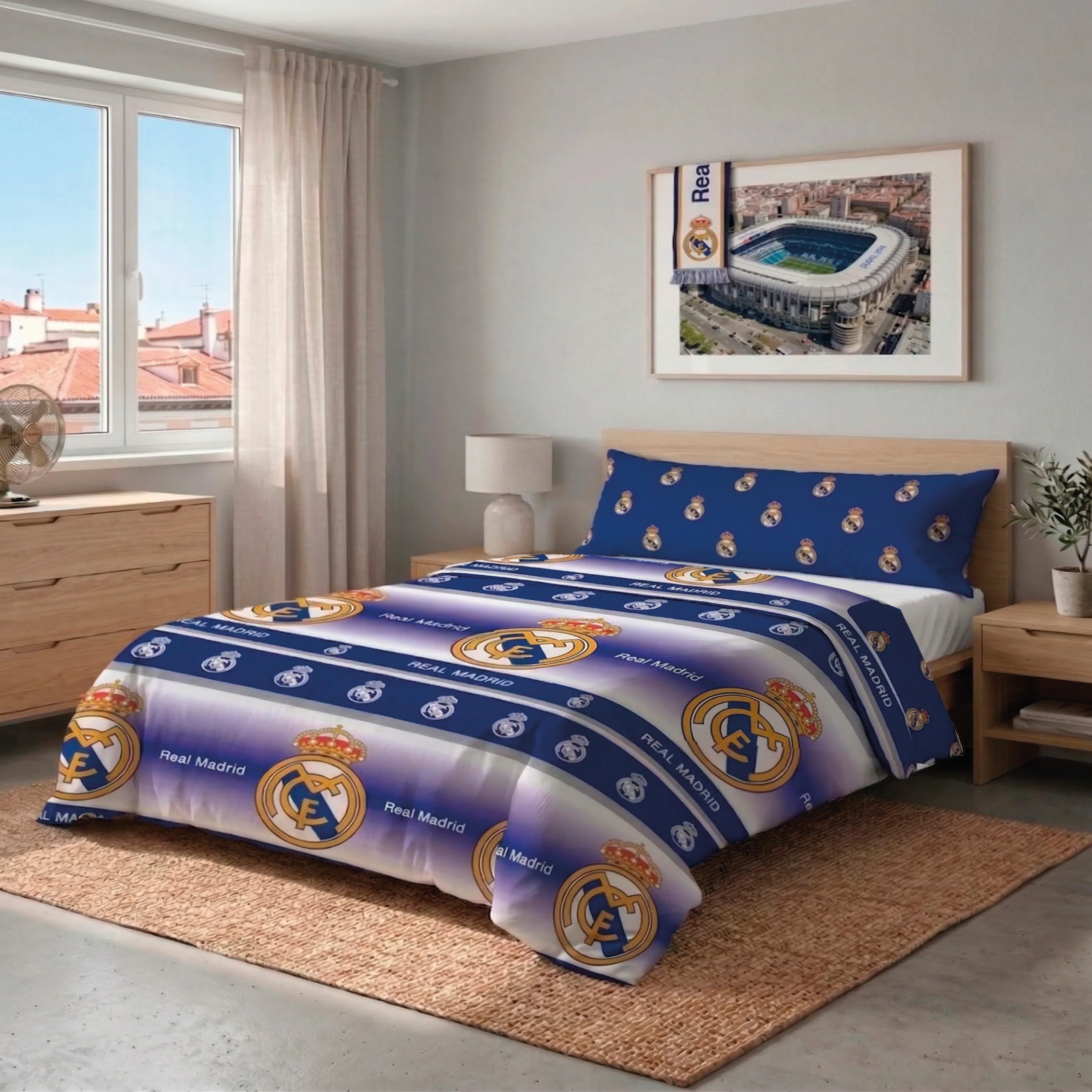 Real Madrid CF - Funda Nórdica 2 Piezas 100% Microfibra Oficial Real Madrid CF 2026 Modelo 2 Azul Blanco– Funda nórdica + funda almohada (No incluye bajera)