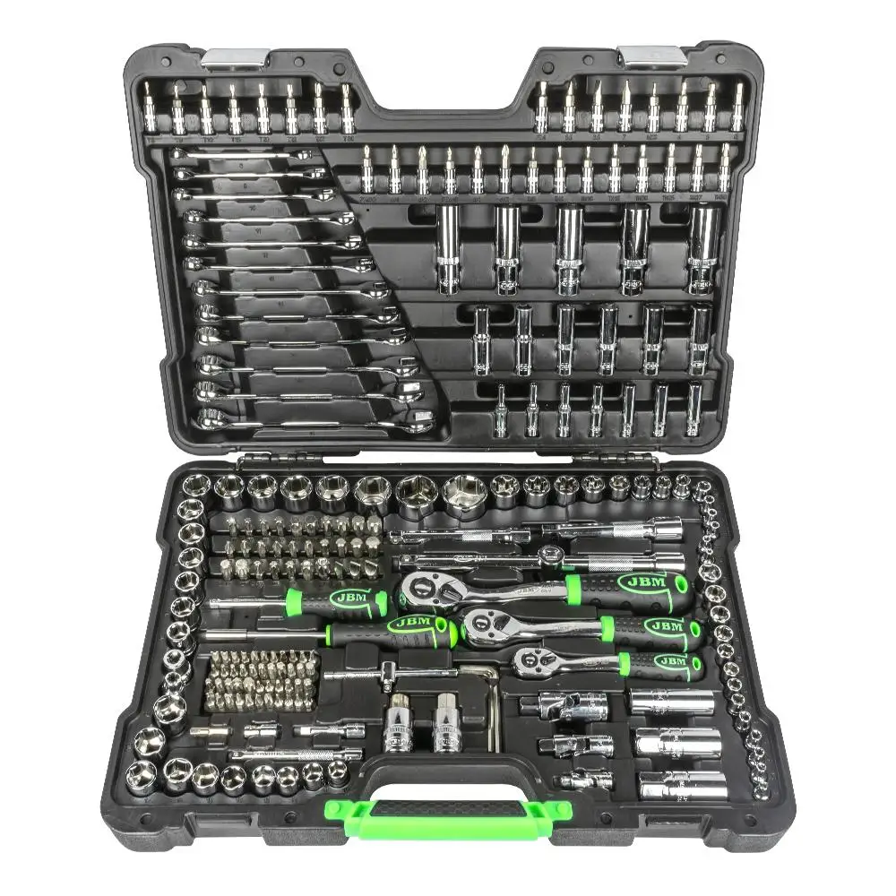 216 PIECE TOOLS/WITH CHROME HEXAGONAL VASES JBM 54045. Includes: 3/8 "Tools, 1/4" Tools, 1/2 "Tools