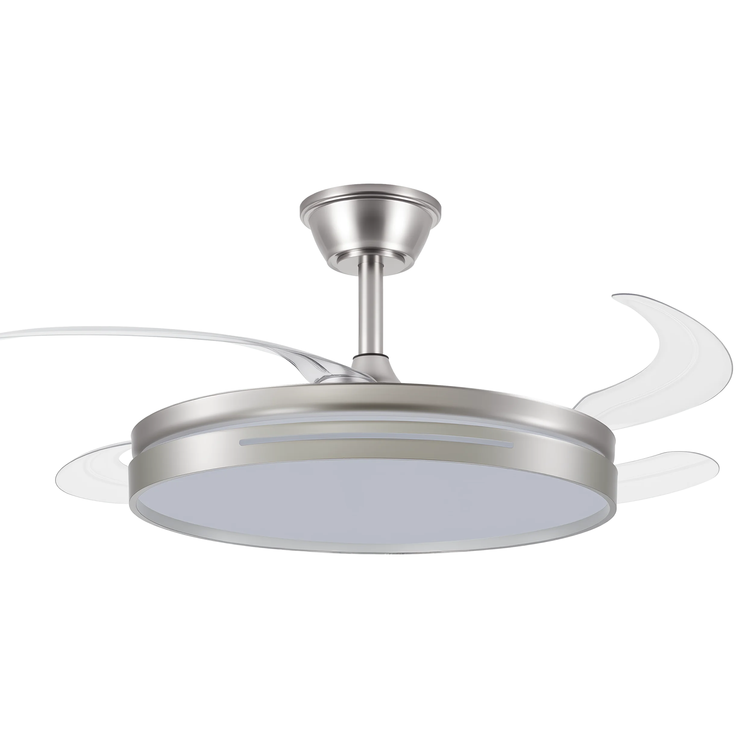 FABRILAMP ABRILA ALTA GAMA Ventilador DC 59w Micenas NIQUEL 4 Aspas Transp. 106d 6 Veloc. 6980lm 3 Colores Control remoto, Regulables intensidad, Memoria Y Temporiz.26 Incluye mando a distancia y dos