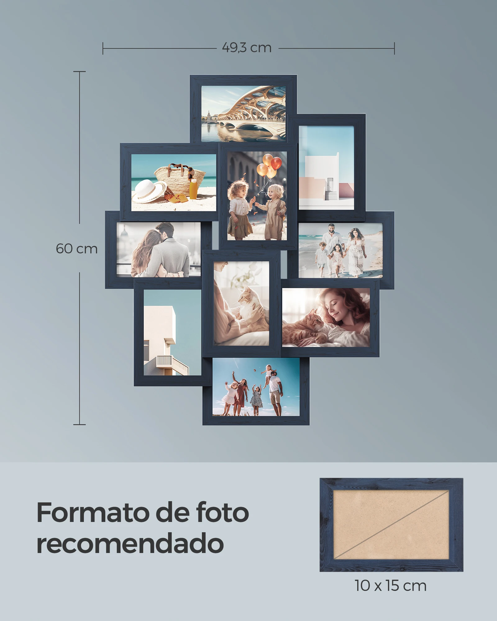 Songmics photo frame collage, 10 10x15cm photo frames, photo frames for wall, multiple frames, wall decor, navy blue/natural beige/cloud white/rustic brown/ink black